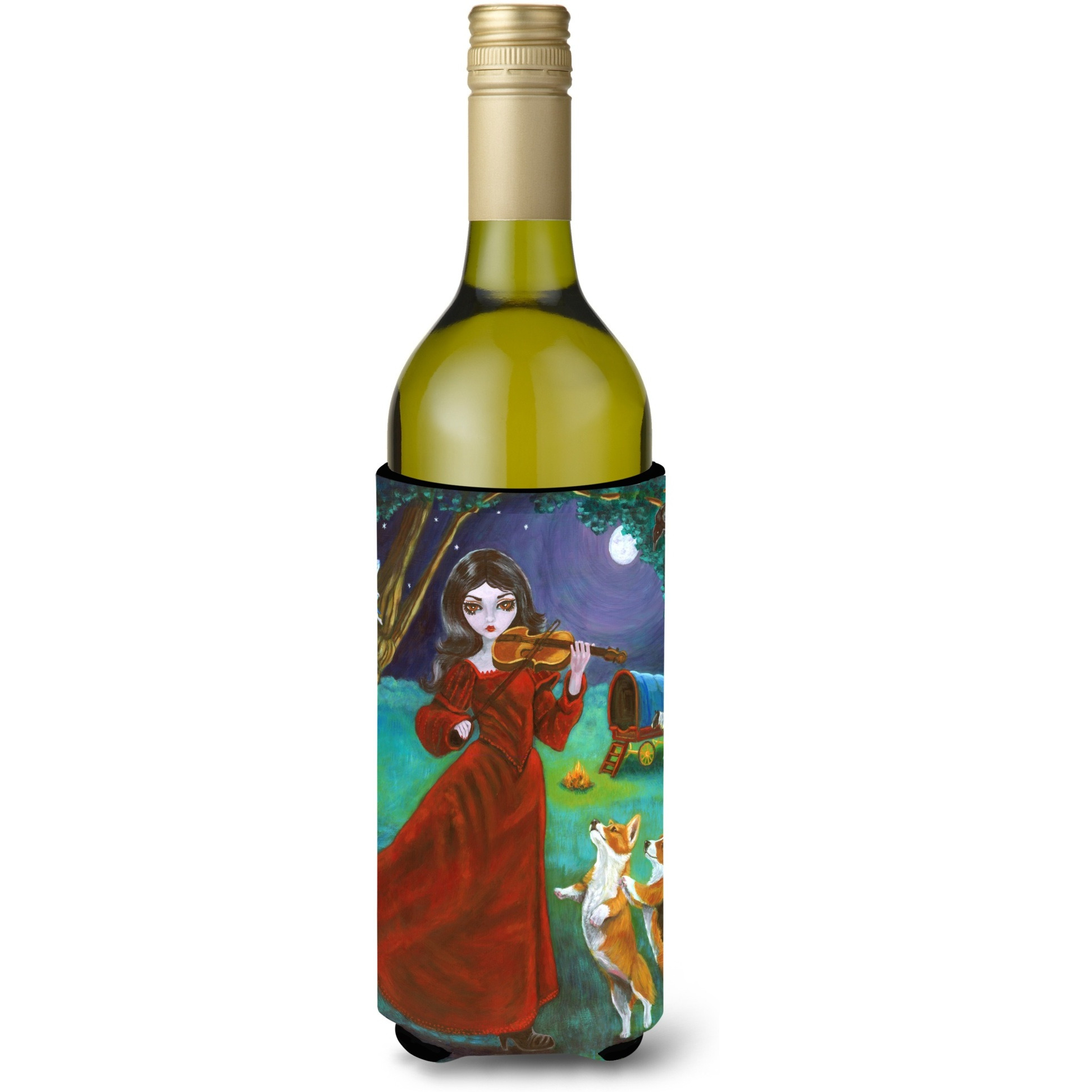 &quotCaroline's Treasures 7376LITERK "&quotFairy Moon Dance with Corgi"" Wine Bottle Hugger Koozie, 750ml, Multicolor"