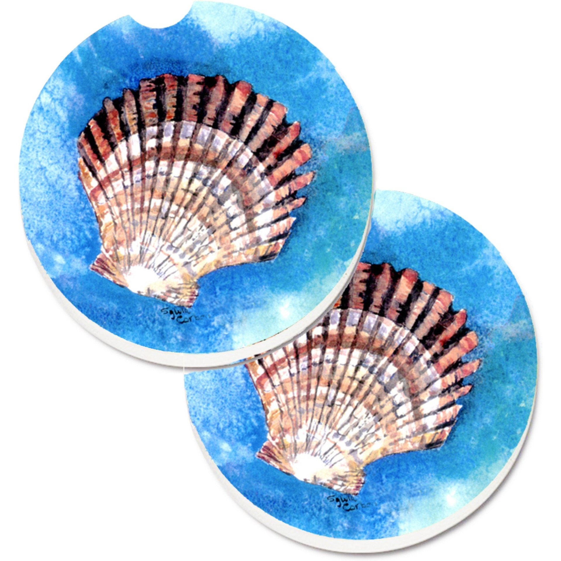 &quotCaroline's Treasures Scallop Sea Shell Set of 2 Cup Holder Car Coasters 8008CARC, 2.56, Multicolor"