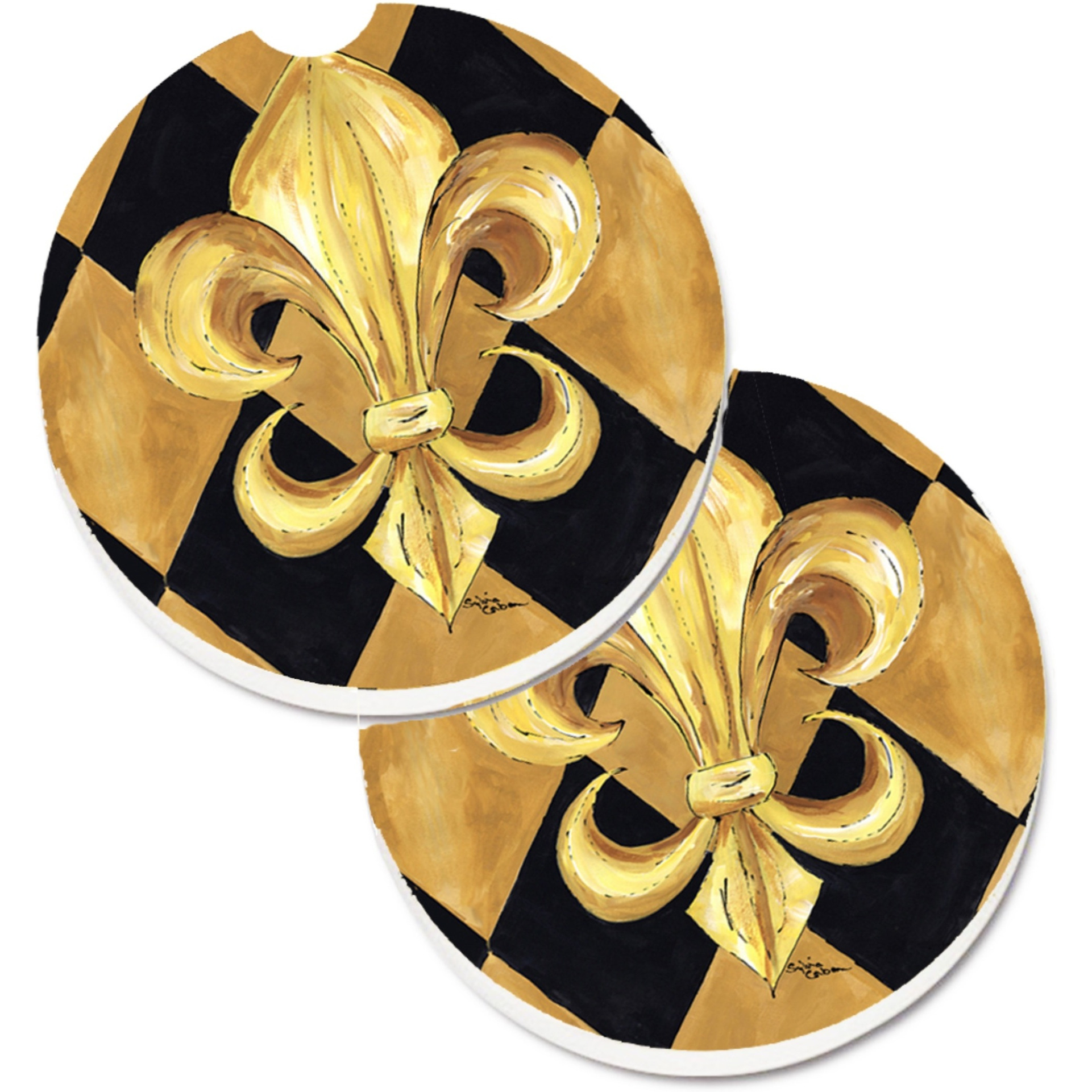&quotCaroline's Treasures black & Gold Fleur De Lis New Orleans Set of 2 Cup Holder Car Coasters 8125CARC, 2.56, Multicolor"
