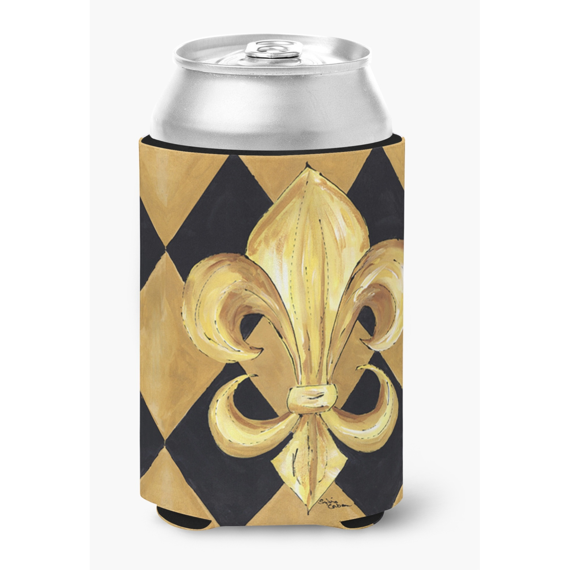 Black and Gold Fleur de lis New Orleans Can or Bottle Beverage Insulator Hugger