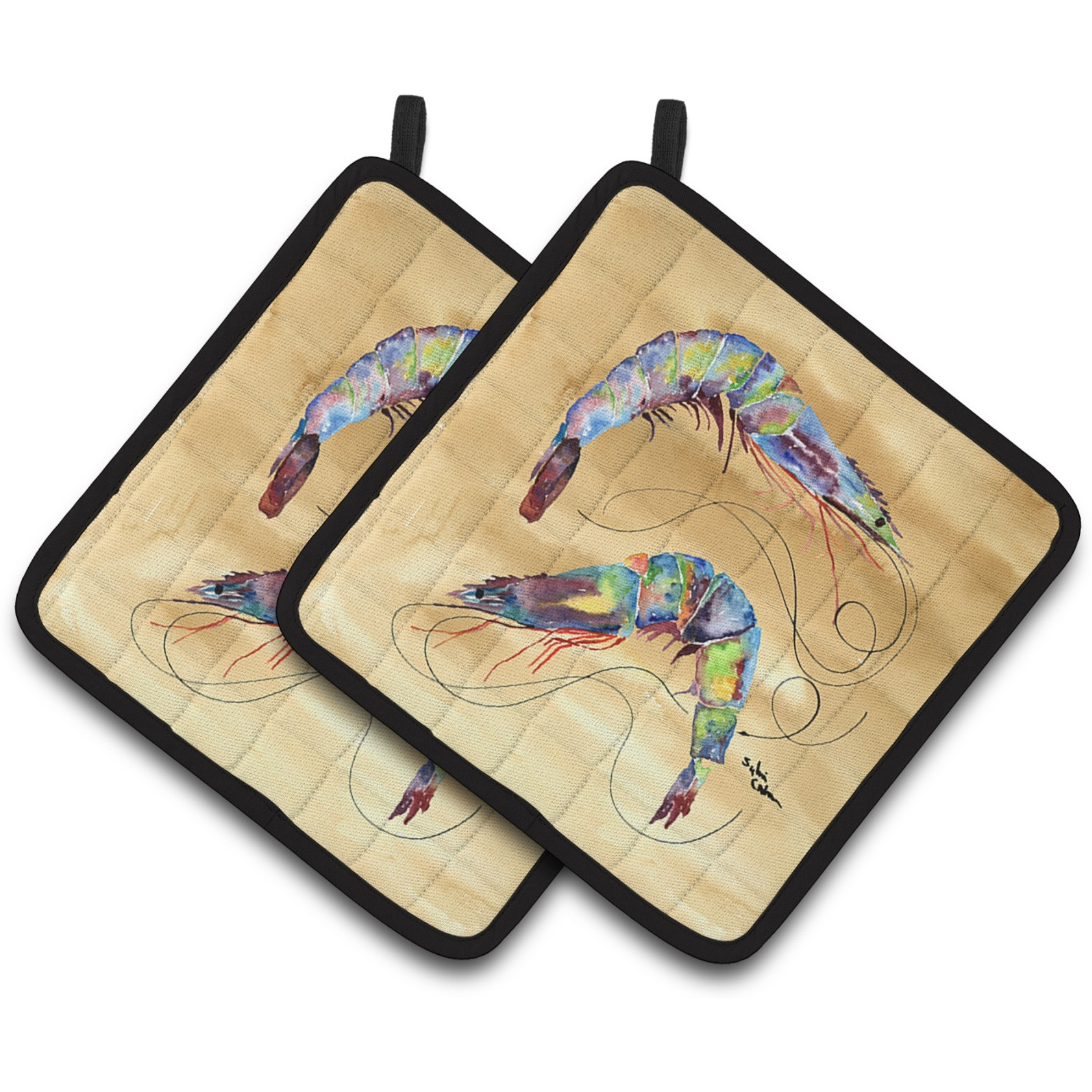 &quotCaroline's Treasures Shrimp Pair of Pot Holders 8158PTHD, 7.5HX7.5W, Multicolor"