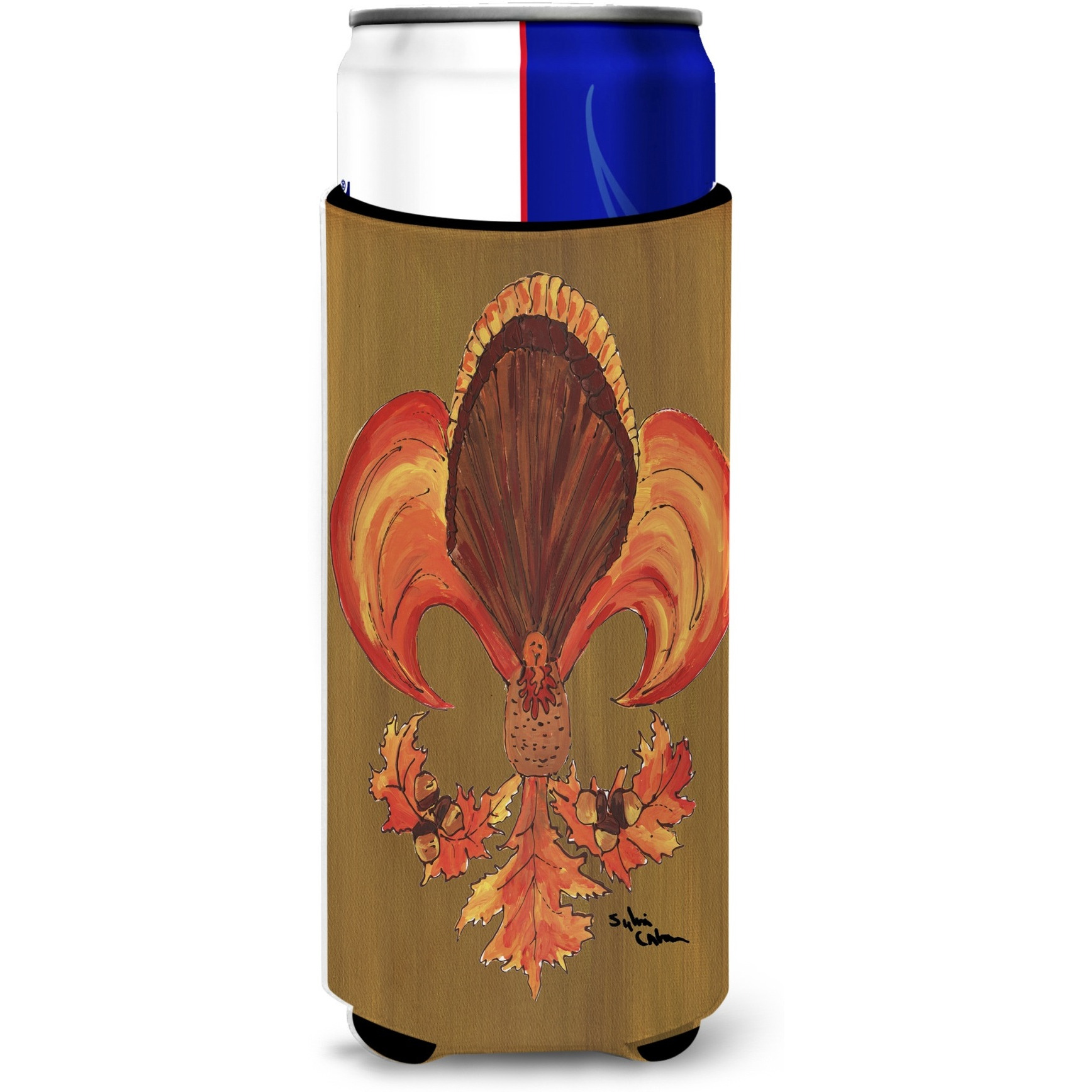 Thanksgiving Turkey and Fall Leaves Fleur de lis Ultra Beverage Insulators for slim cans 8184MUK