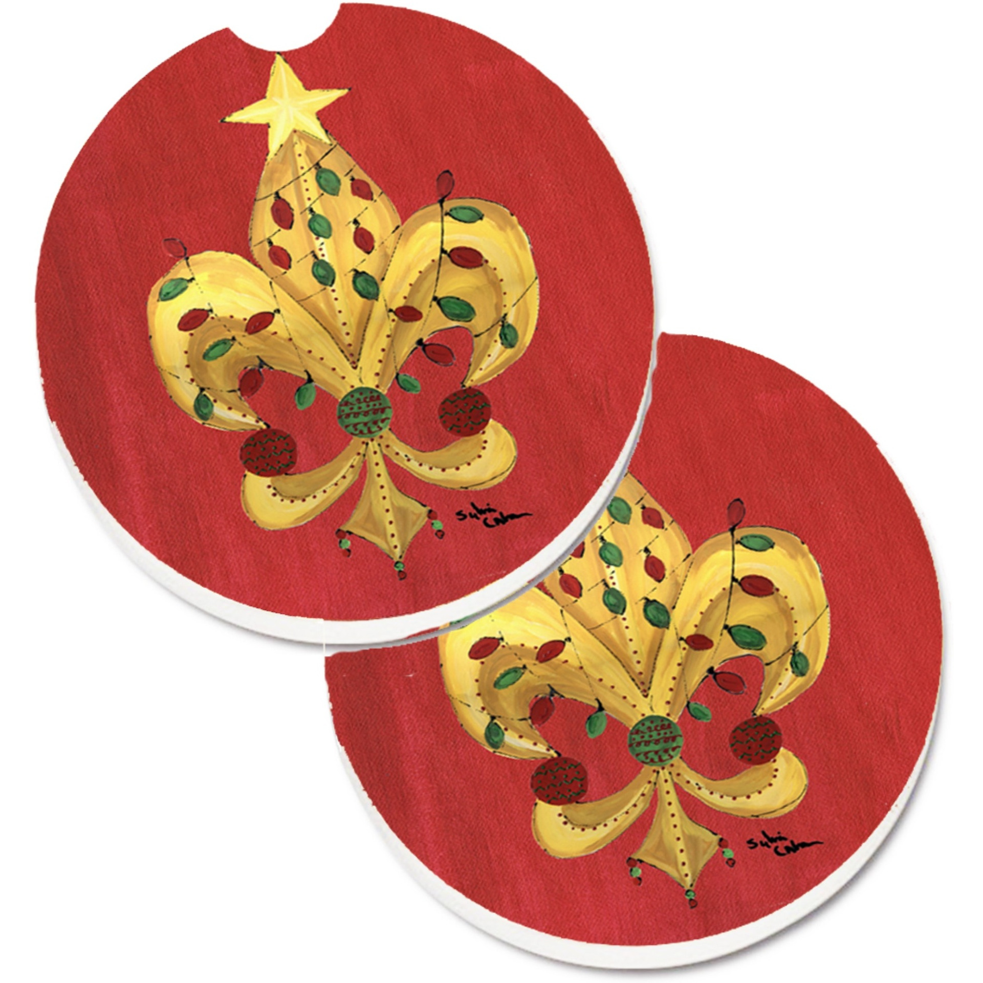 &quotCaroline's Treasures Christmas Fleur De Lis Tree with Lights Set of 2 Cup Holder Car Coasters 8185CARC, 2.56, Multicolor"