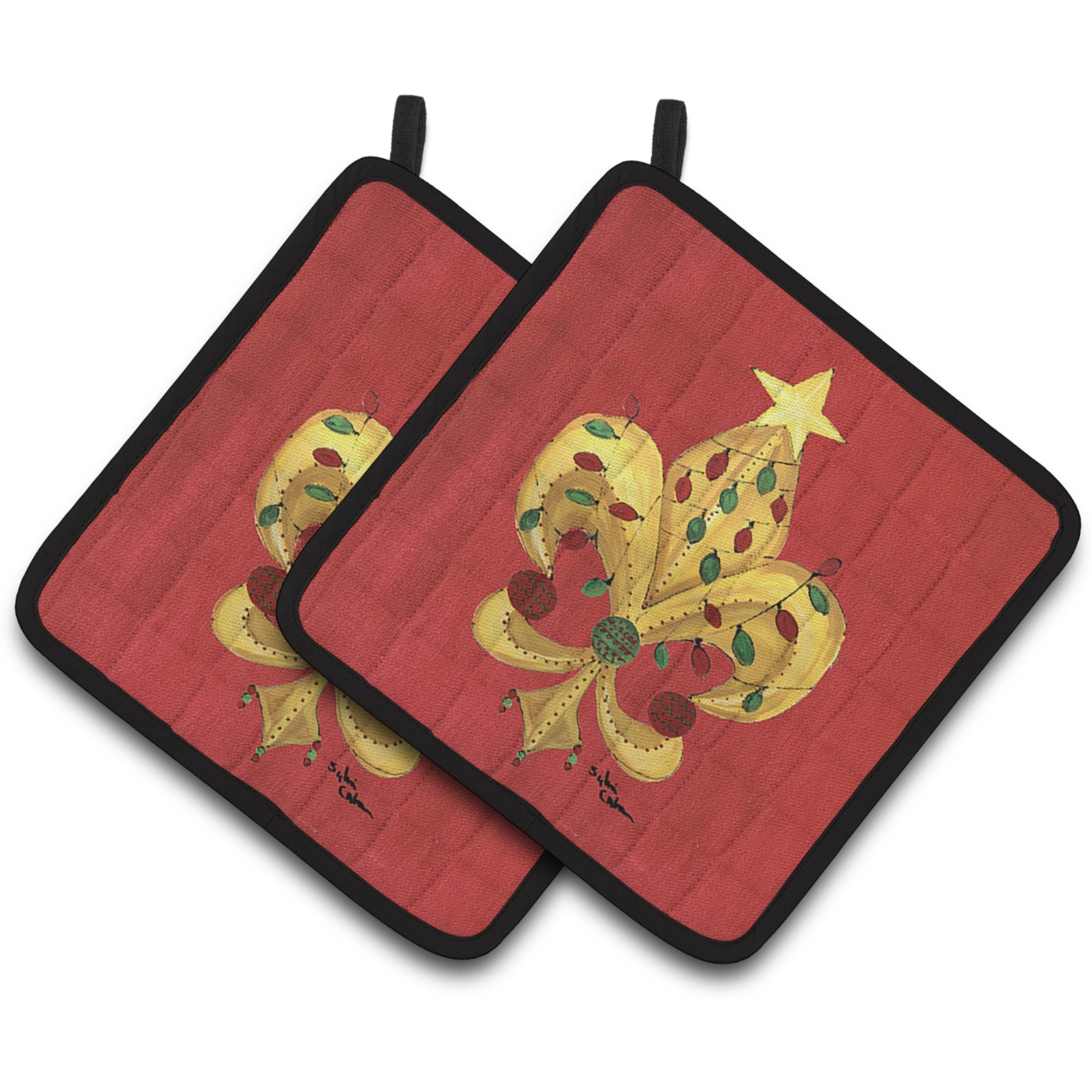 &quotCaroline's Treasures Christmas Fleur De Lis Tree with Lights Pair of Pot Holders 8185PTHD, 7.5HX7.5W, Multicolor"