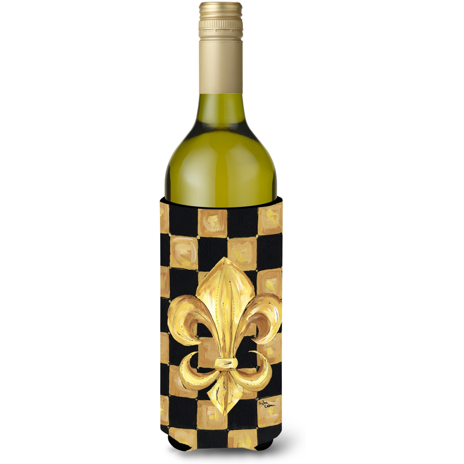 Black Gold Checkered Flag Fleur de lis Wine Bottle Beverage Insulator Beverage Insulator Hugger