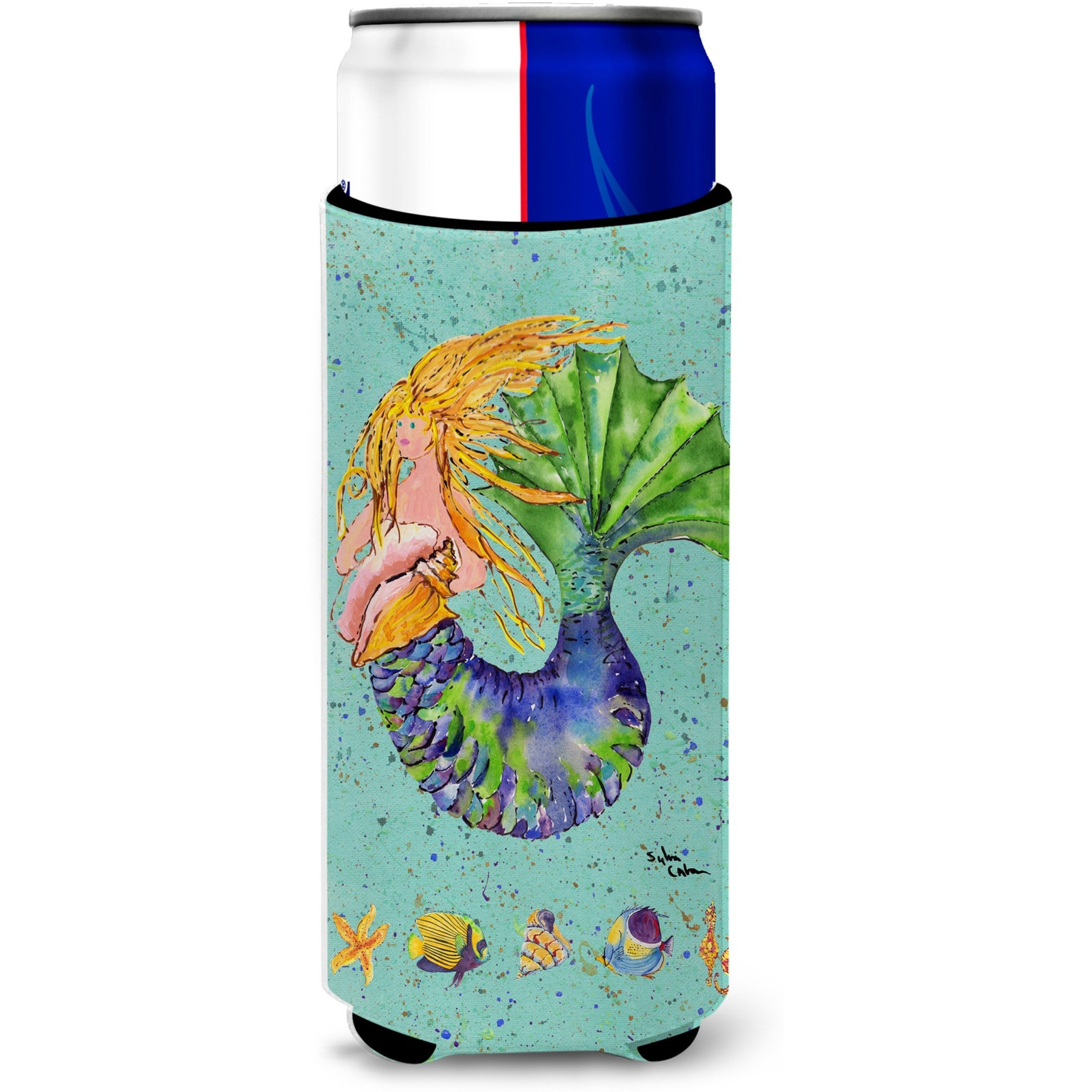 Blonde Mermaid on Teal Ultra Beverage Insulators for slim cans 8336MUK