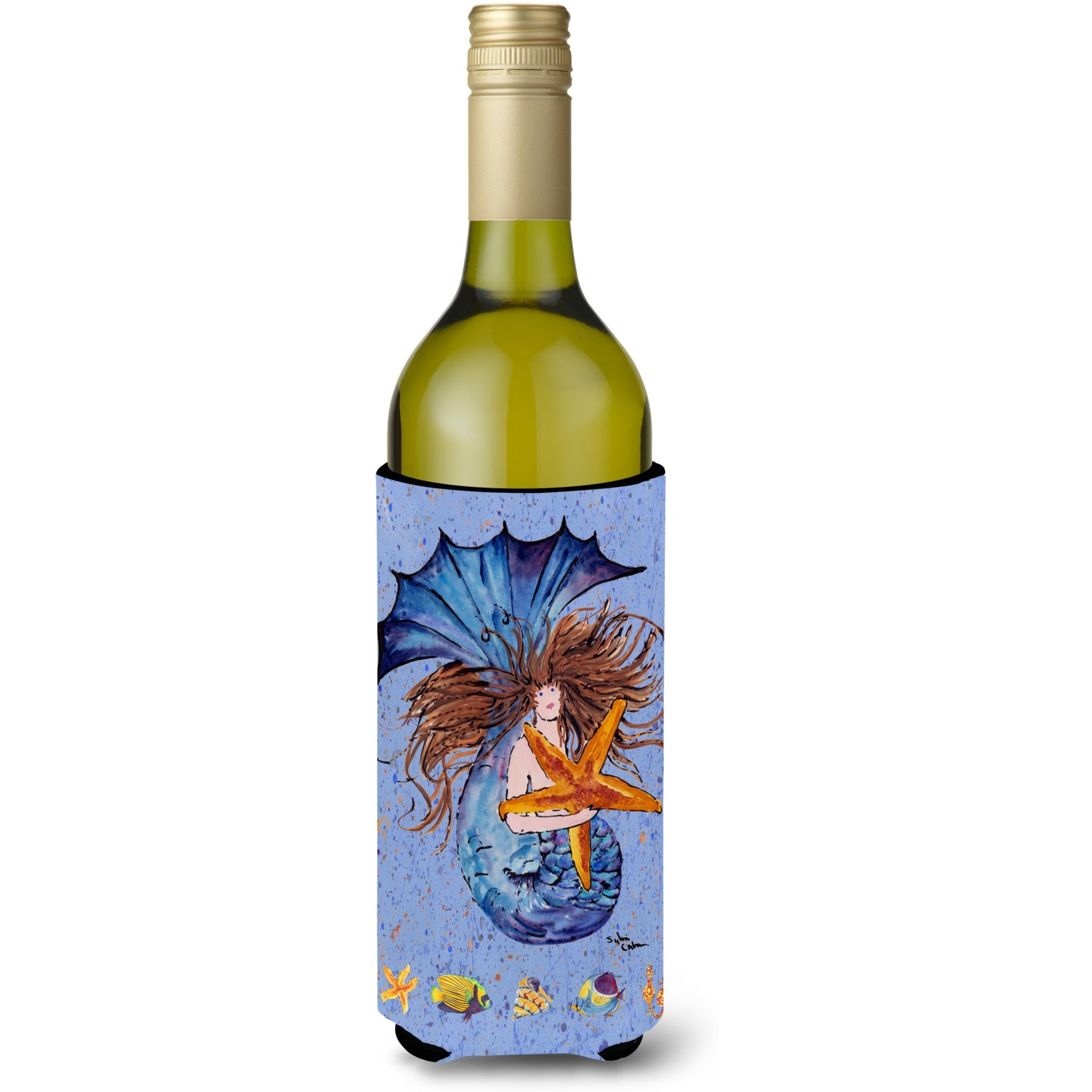 Brown Headed Mermaid on Blue Wine Bottle Beverage Insulator Beverage Insulator Hugger