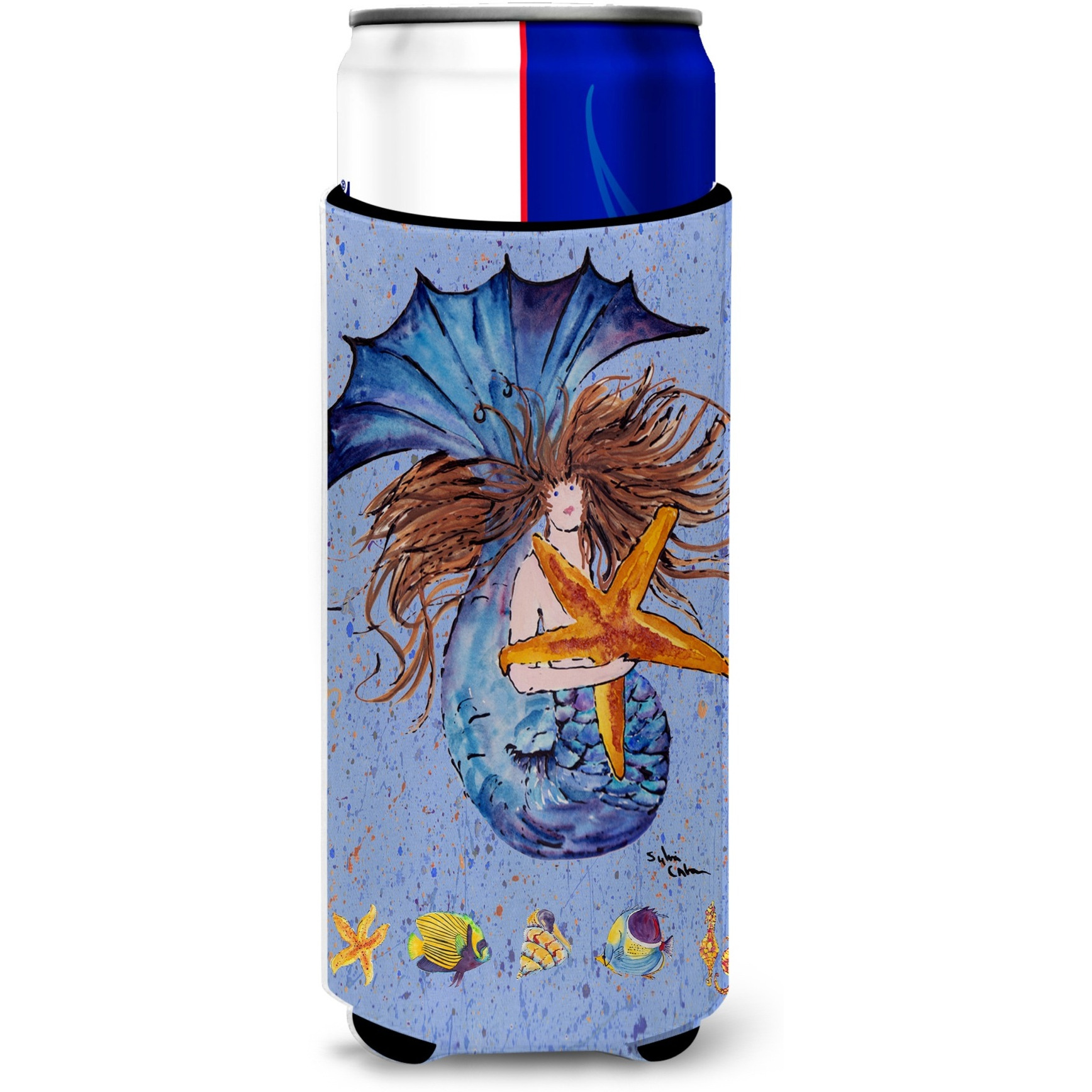 Brown Headed Mermaid on Blue Ultra Beverage Insulators for slim cans 8337MUK