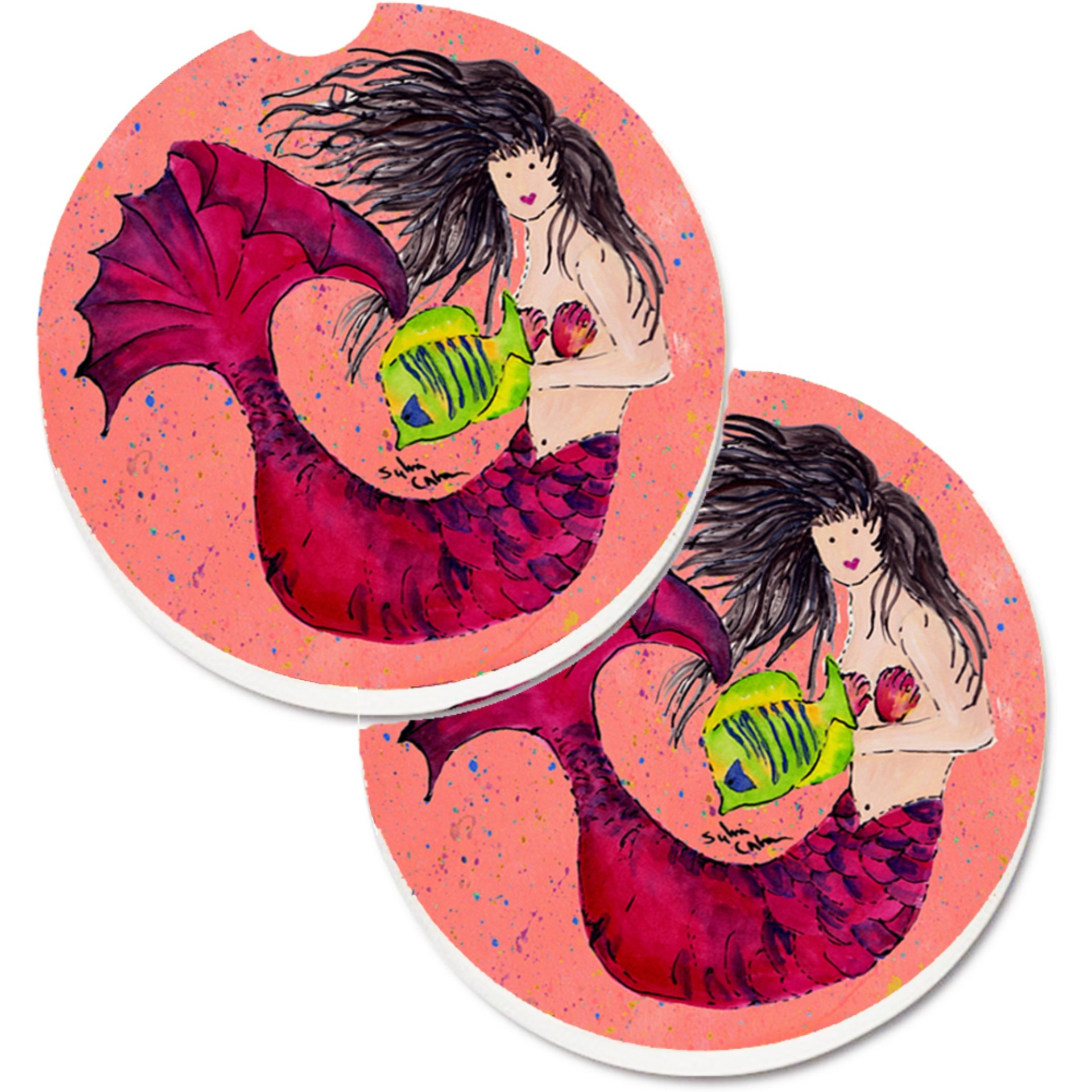 &quotCaroline's Treasures Mermaid Set of 2 Cup Holder Car Coasters 8338CARC, 2.56, Multicolor"