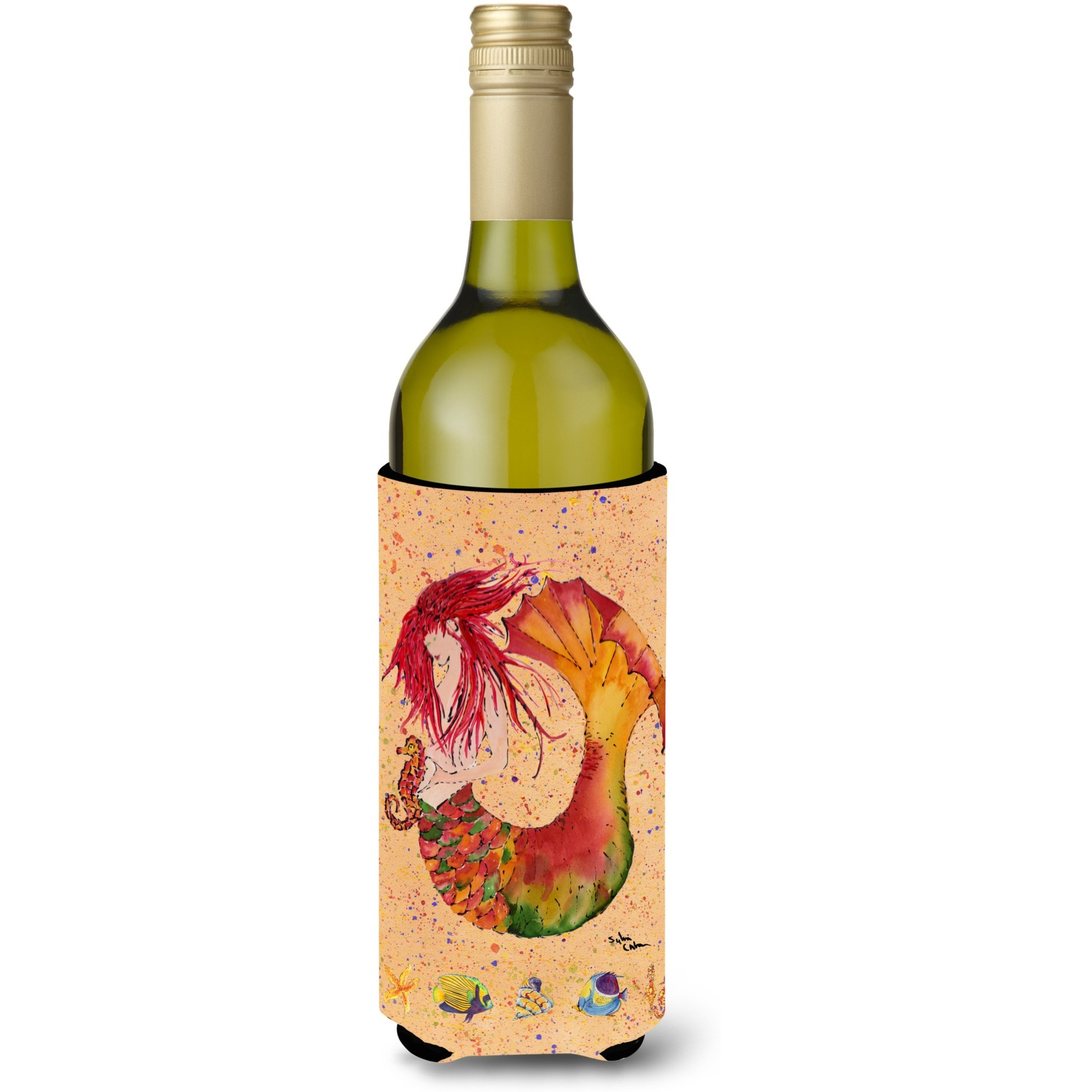 Red Headed Ginger Mermaid on Coral Wine Bottle Beverage Insulator Beverage Insulator Hugger