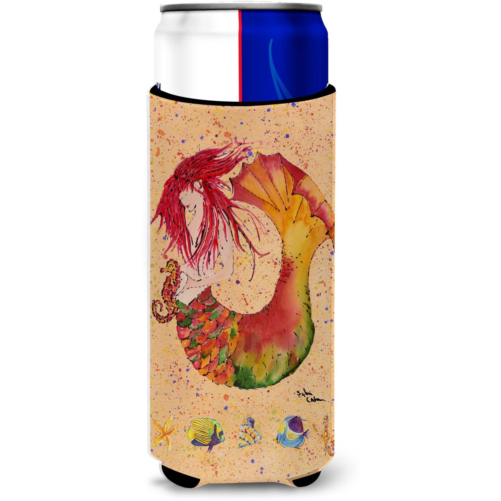Red Headed Ginger Mermaid on Coral Ultra Beverage Insulators for slim cans 8339MUK