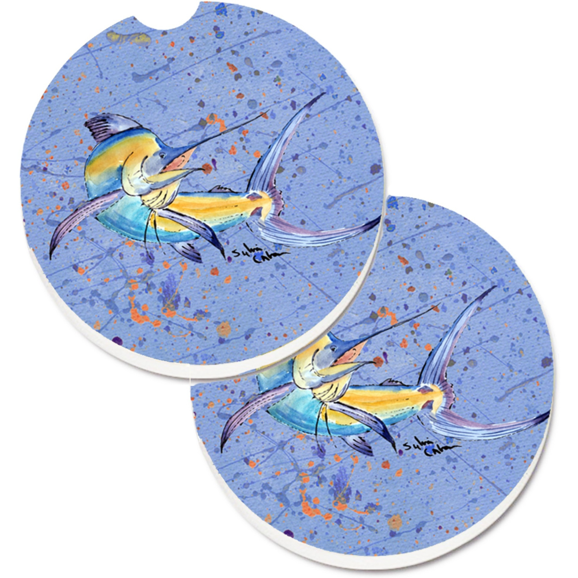 &quotCaroline's Treasures Blue Marlin Set of 2 Cup Holder Car Coasters 8350CARC, 2.56, Multicolor"