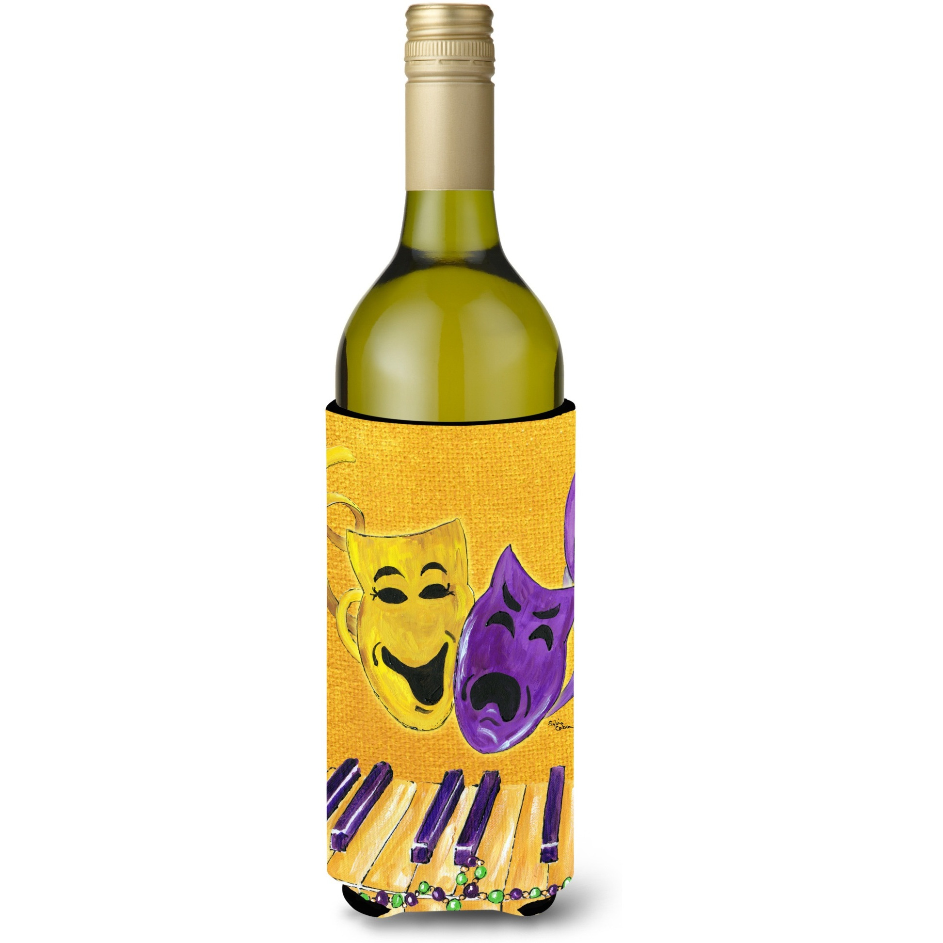 Mardi Gras Piano with Comedy and Tragedy Masks Wine Bottle Beverage Insulator Beverage Insulator Hugger