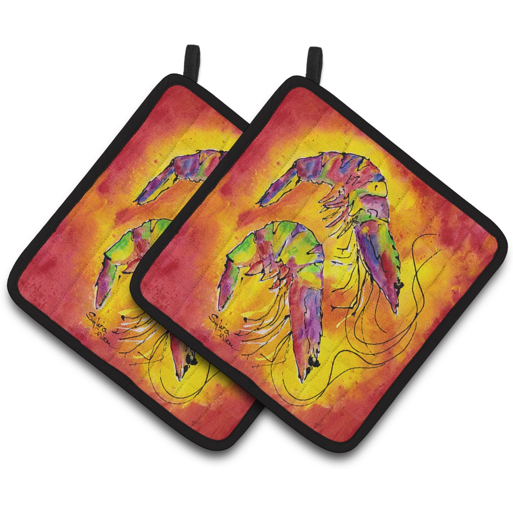 &quotCaroline's Treasures Bright Shrimp on Red Pair of Pot Holders 8378PTHD, 7.5HX7.5W, Multicolor"