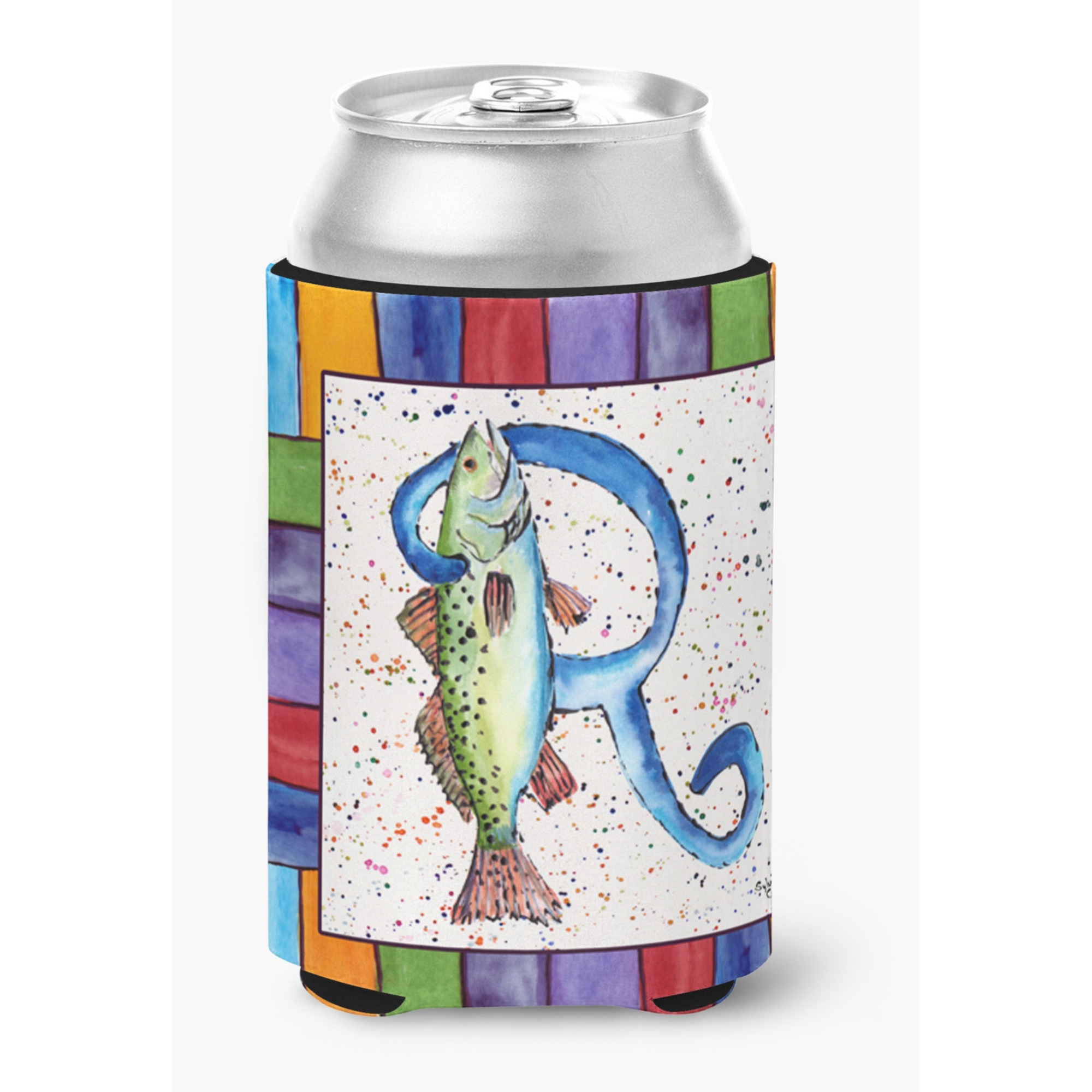 Letter R with Trout Fish Can or Bottle Beverage Insulator Hugger 8441