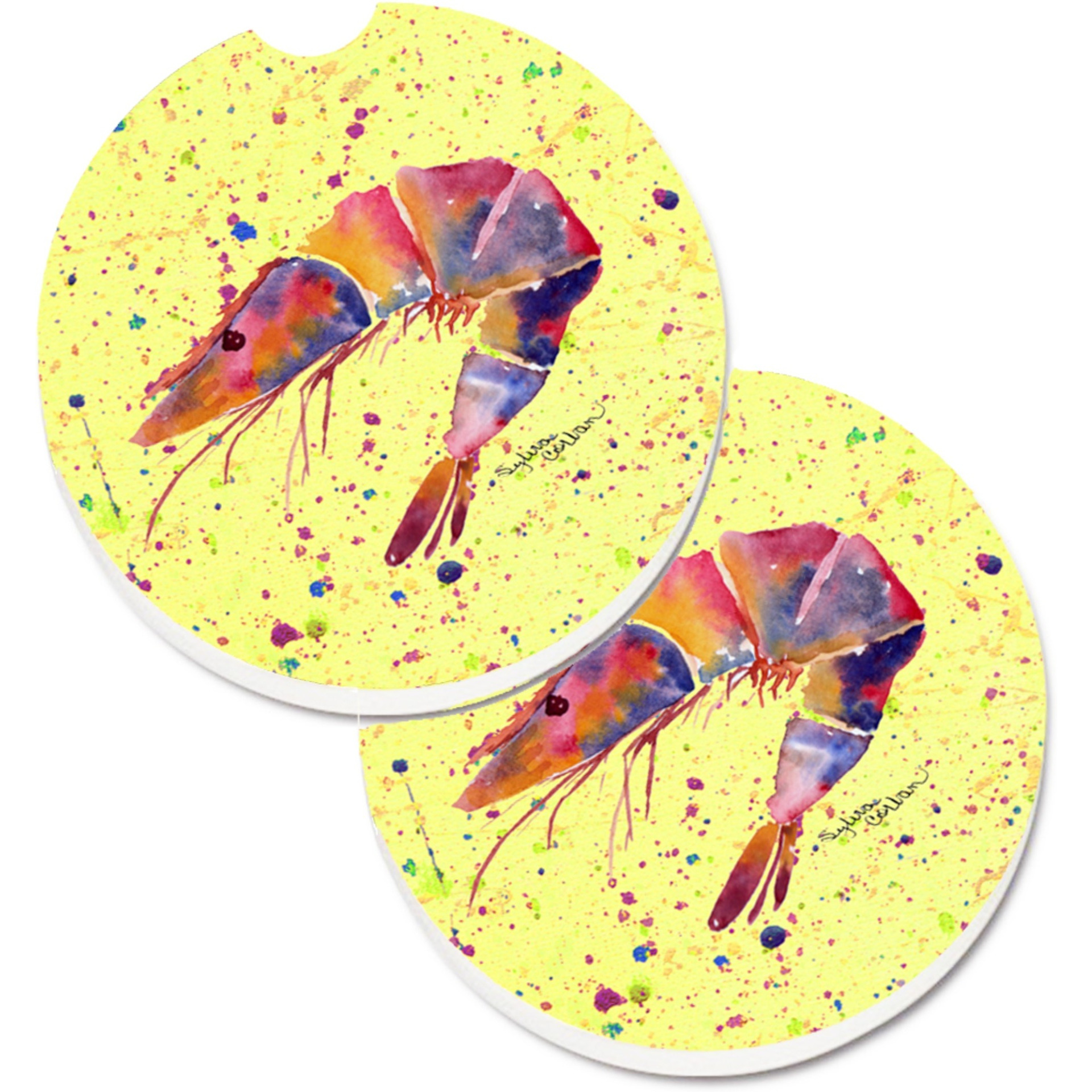 &quotCaroline's Treasures Shrimp Set of 2 Cup Holder Car Coasters 8454CARC, 2.56, Multicolor"