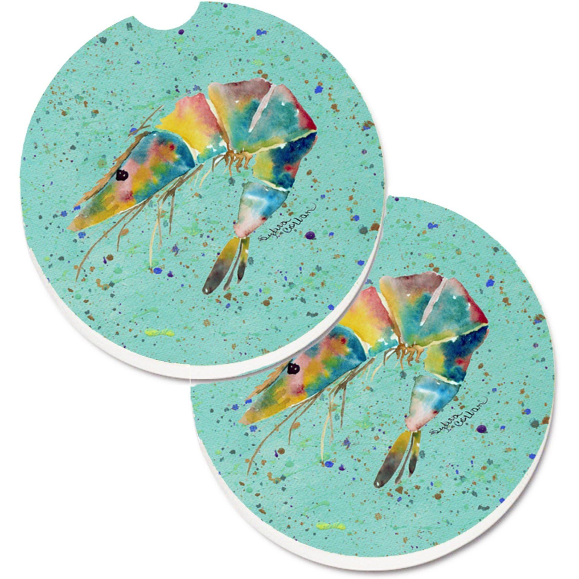 &quotCaroline's Treasures Shrmip Set of 2 Cup Holder Car Coasters 8460CARC, 2.56, Multicolor"
