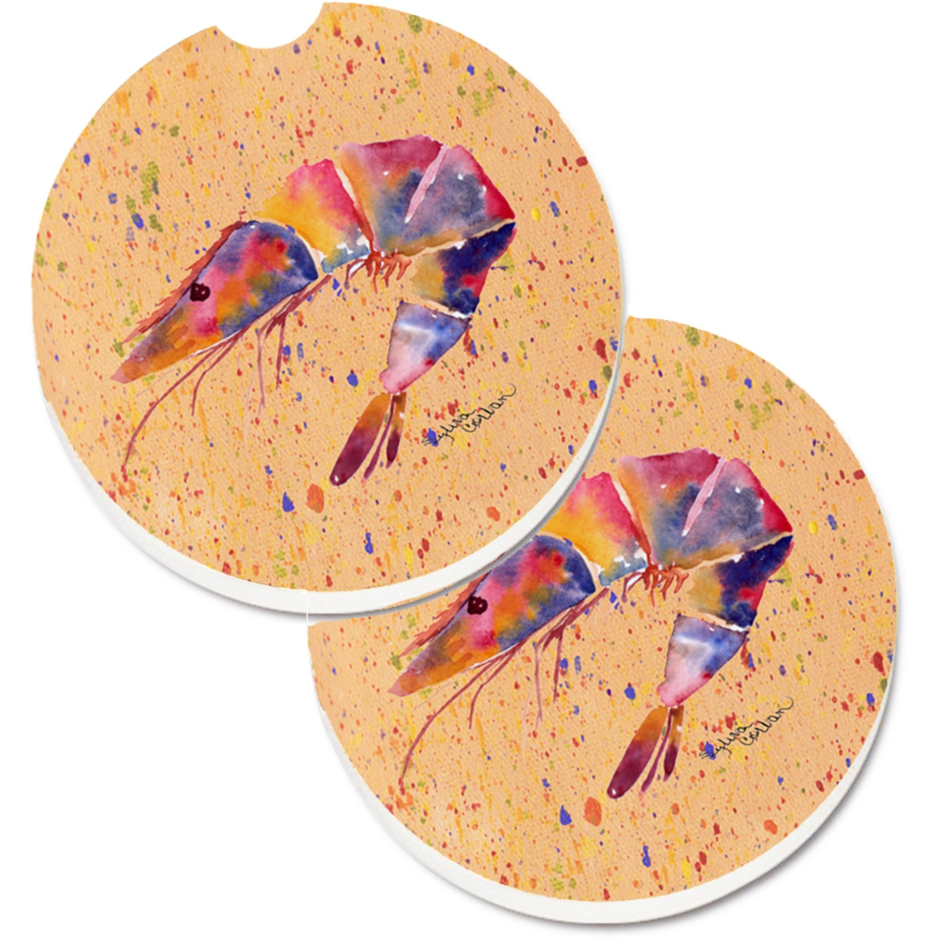 &quotCaroline's Treasures Shrimp Set of 2 Cup Holder Car Coasters 8465CARC, 2.56, Multicolor"