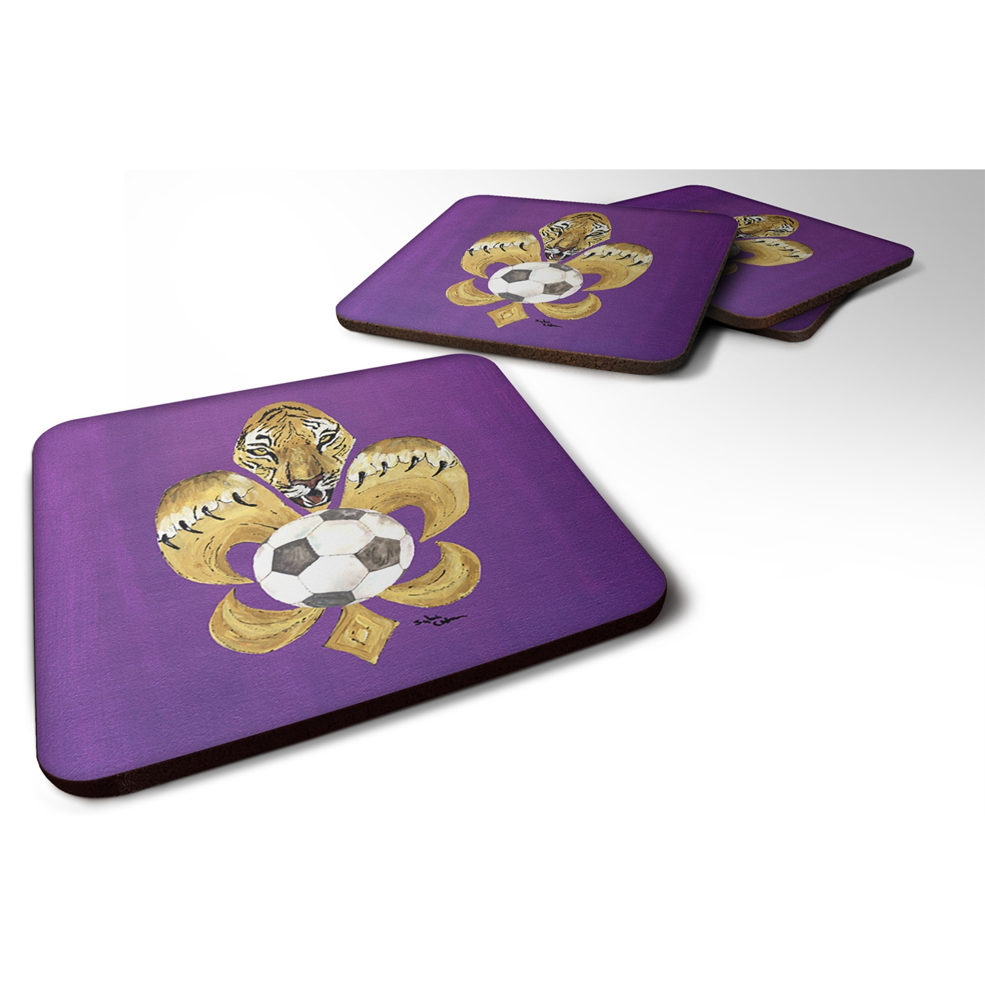 &quotCaroline's Treasures 8477FC Tiger Soccer Fleur de lis Foam Coasters (Set of 4), 3.5"", Multicolor"