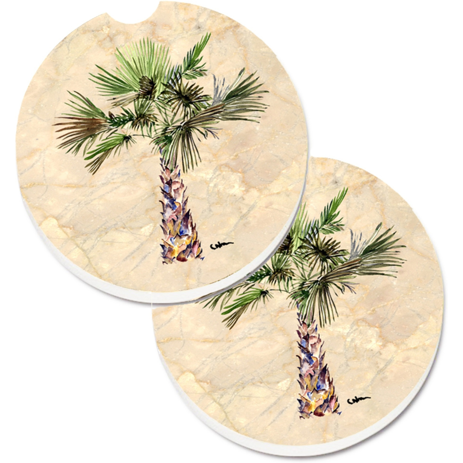 &quotCaroline's Treasures Palm Tree Set of 2 Cup Holder Car Coasters 8480CARC, 2.56, Multicolor"