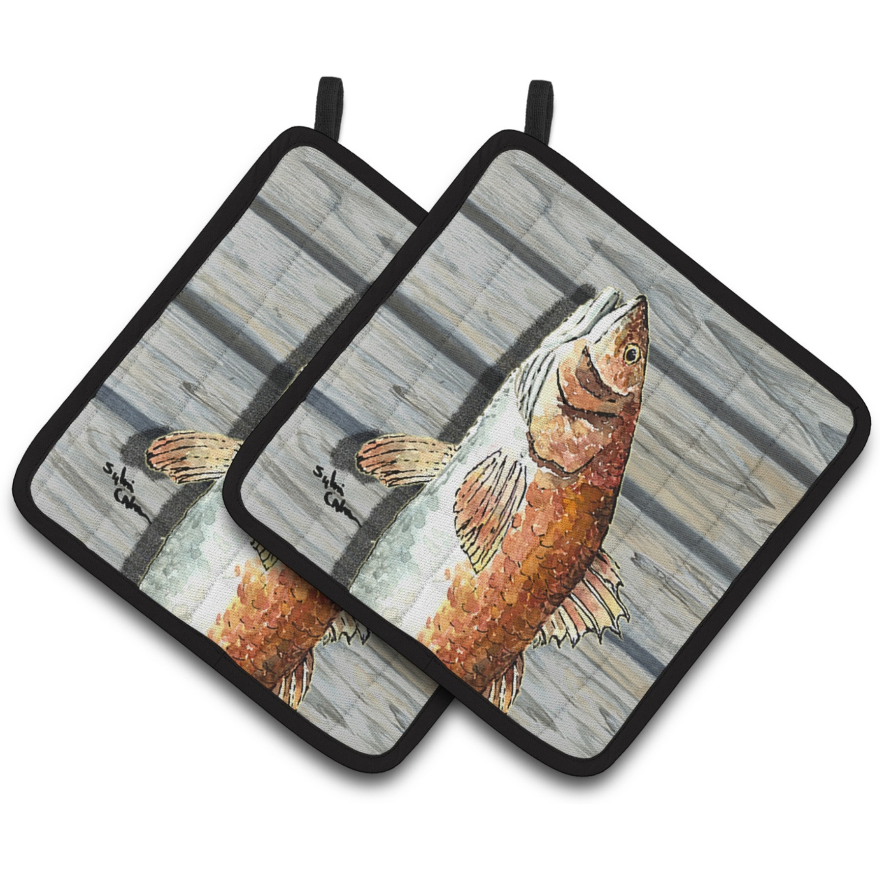 &quotCaroline's Treasures Red Fish Pair of Pot Holders 8489PTHD, 7.5HX7.5W, Multicolor"
