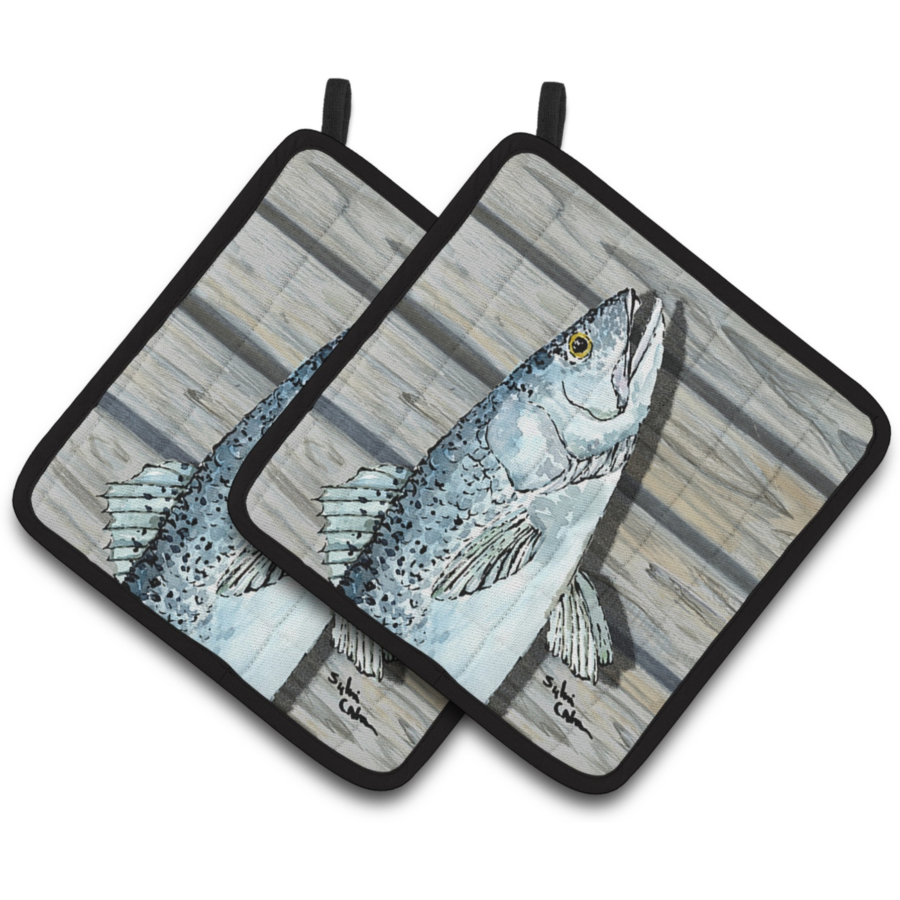 &quotCaroline's Treasures Fish Speckled Trout Pair of Pot Holders 8494PTHD, 7.5HX7.5W, Multicolor"