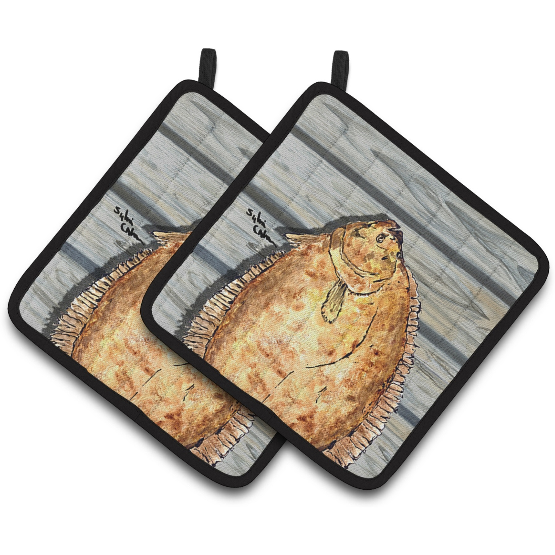 &quotCaroline's Treasures Fish Flounder Pair of Pot Holders 8495PTHD, 7.5HX7.5W, Multicolor"