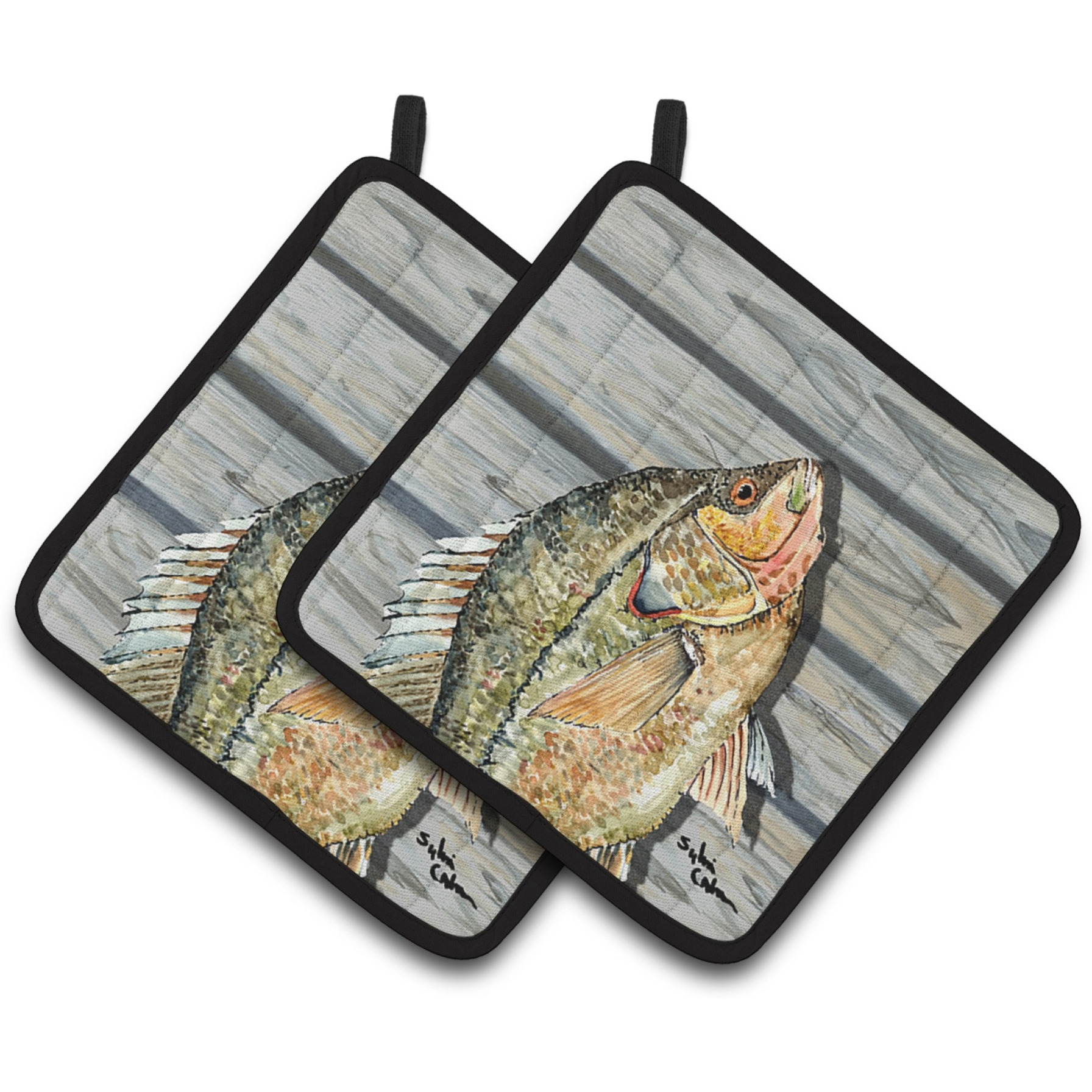 &quotCaroline's Treasures Croppie Fish On Pier Pair of Pot Holders 8498PTHD, 7.5HX7.5W, Multicolor"