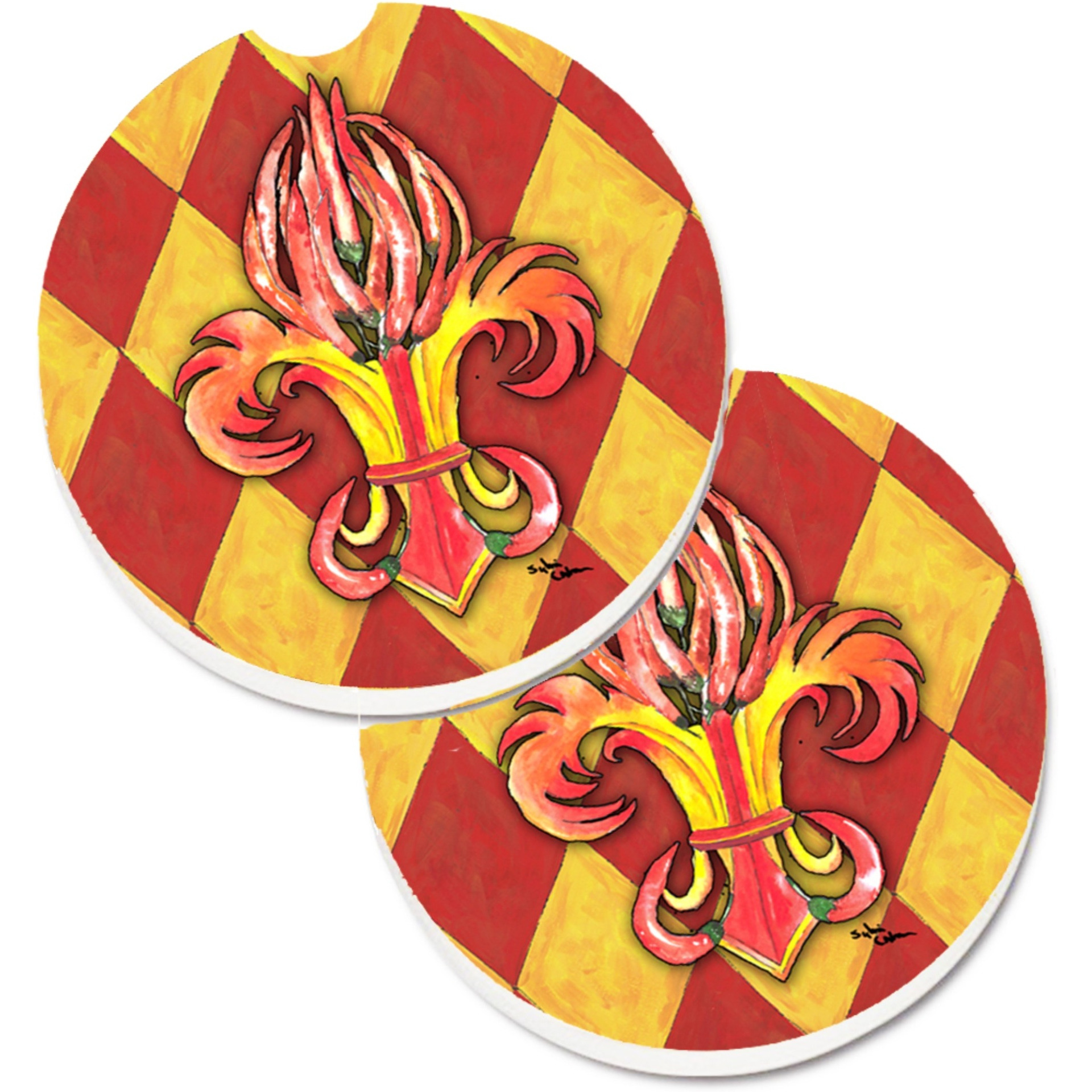 &quotCaroline's Treasures Peppers Fleur De Lis Set of 2 Cup Holder Car Coasters 8499CARC, 2.56, Multicolor"