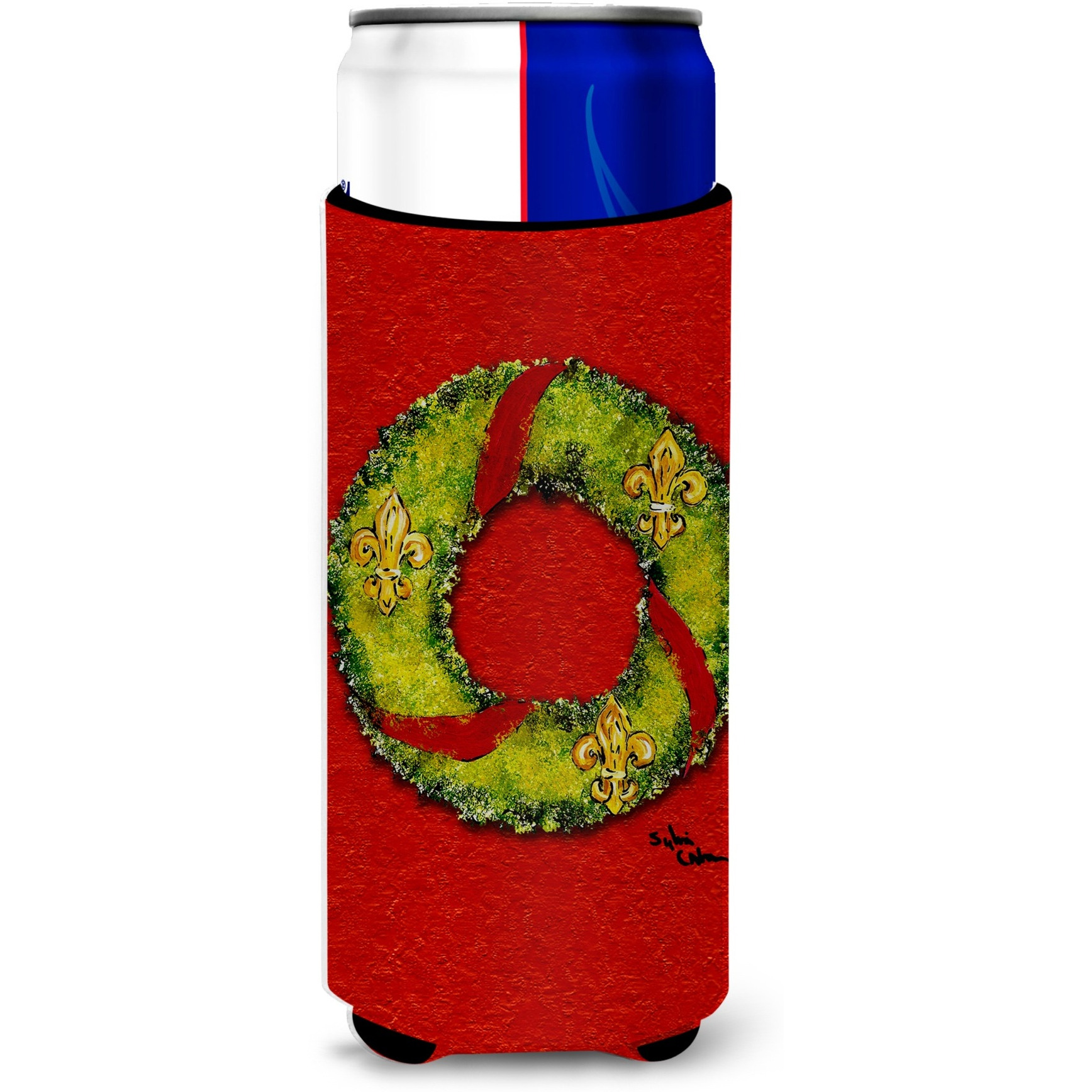 Christmas Wreath Fleur de lis Ultra Beverage Insulators for slim cans 8503MUK