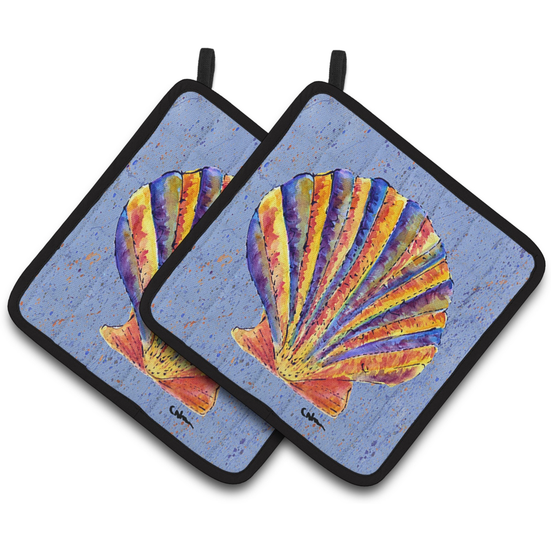 &quotCaroline's Treasures Scalloped Shell On Blue Pair of Pot Holders 8525PTHD, 7.5HX7.5W, Multicolor"