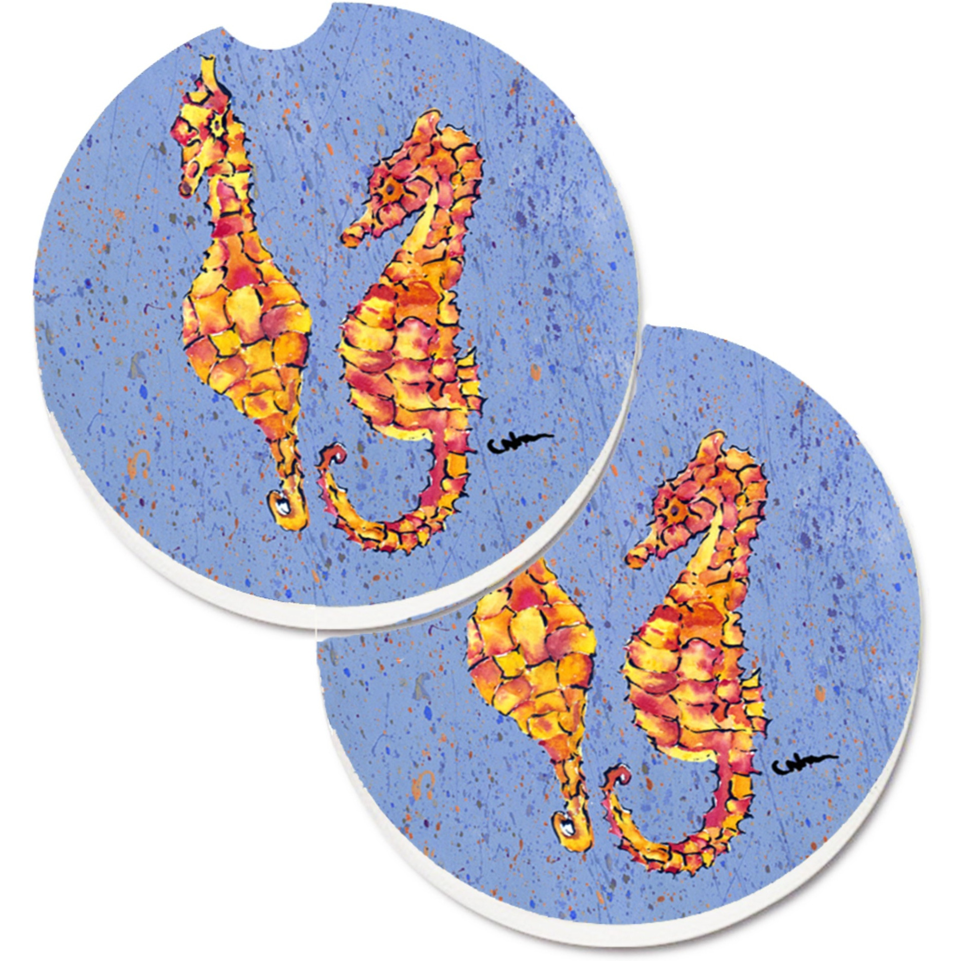 &quotCaroline's Treasures Seahorses On Blue Set of 2 Cup Holder Car Coasters 8526CARC, 2.56, Multicolor"