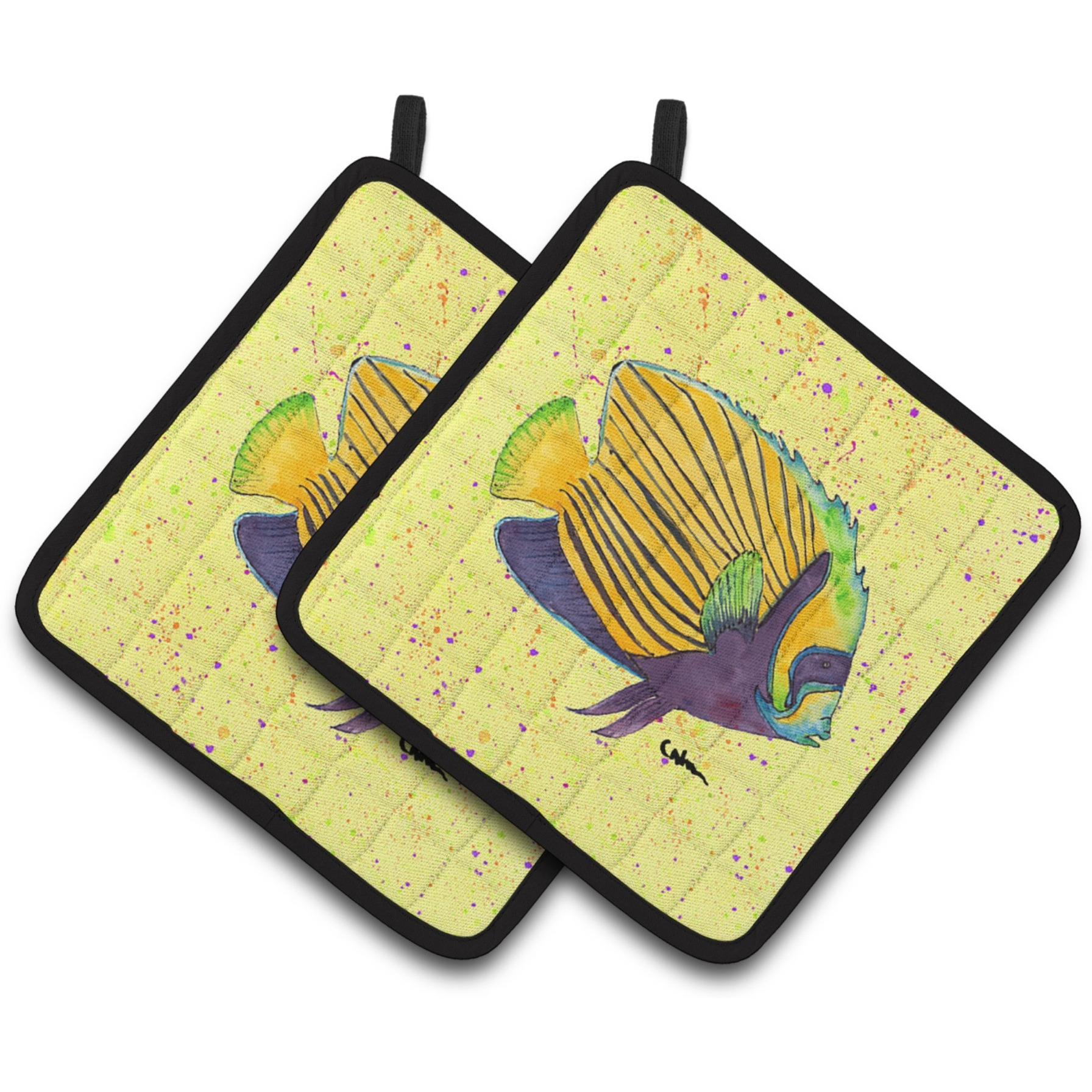 &quotCaroline's Treasures Yellow Fish On Yellow Pair of Pot Holders 8528PTHD, 7.5HX7.5W, Multicolor"