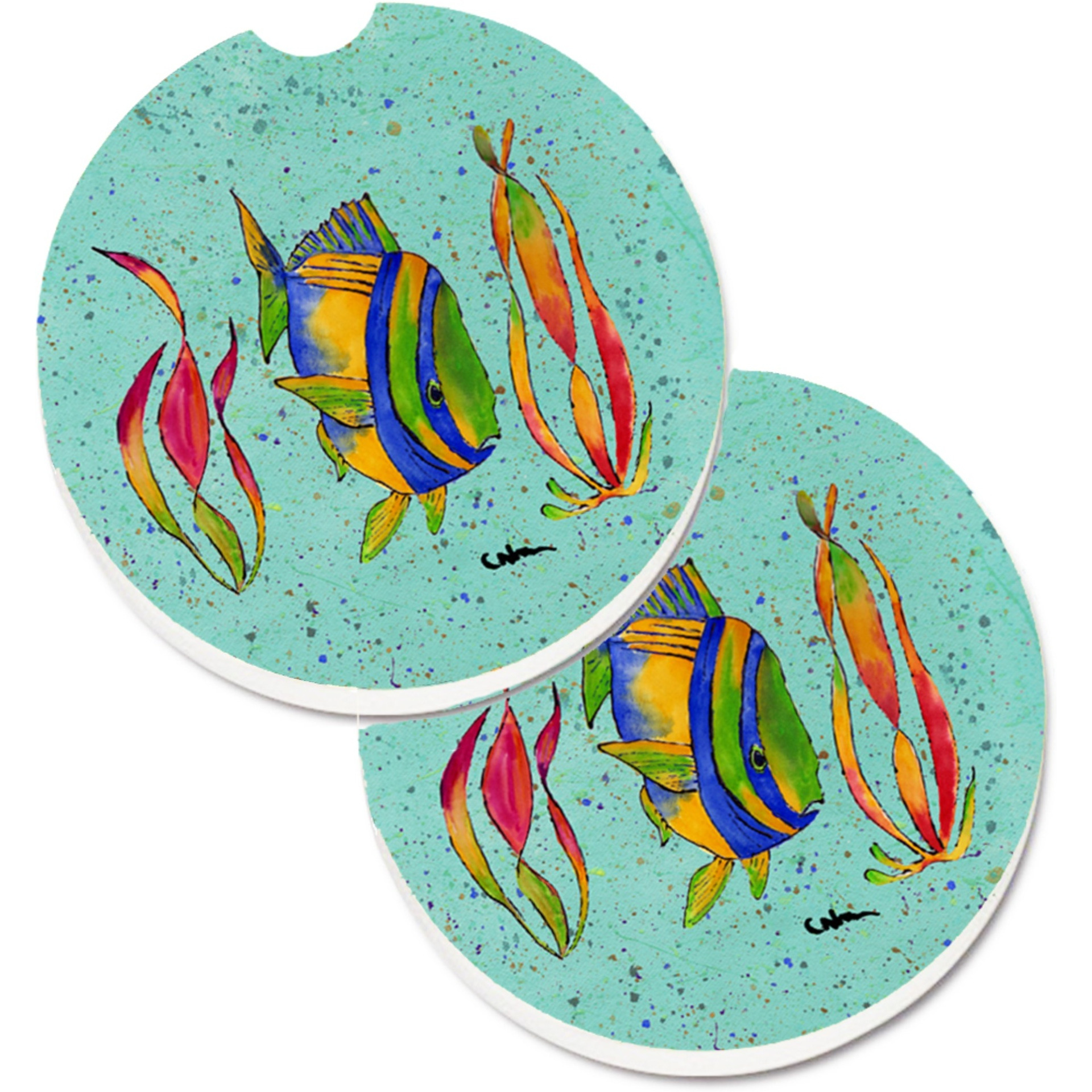&quotCaroline's Treasures Tropical Fish Set of 2 Cup Holder Car Coasters 8530CARC, 2.56, Multicolor"