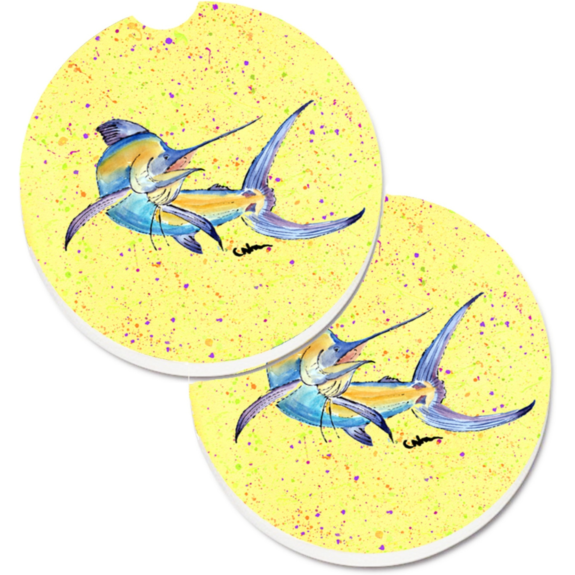 &quotCaroline's Treasures Blue Marlin On Yellow Set of 2 Cup Holder Car Coasters 8533CARC, 2.56, Multicolor"