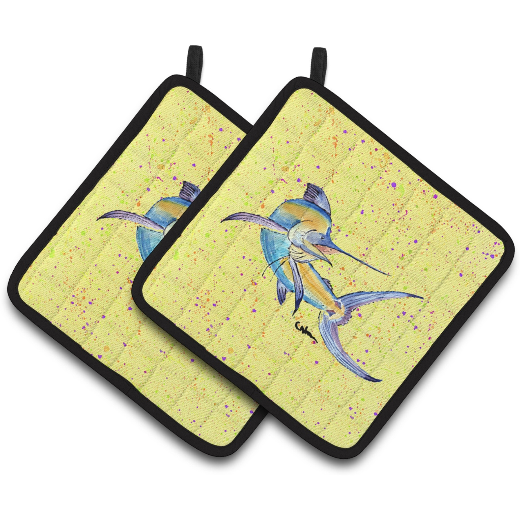 &quotCaroline's Treasures Blue Marlin On Yellow Pair of Pot Holders 8533PTHD, 7.5HX7.5W, Multicolor"