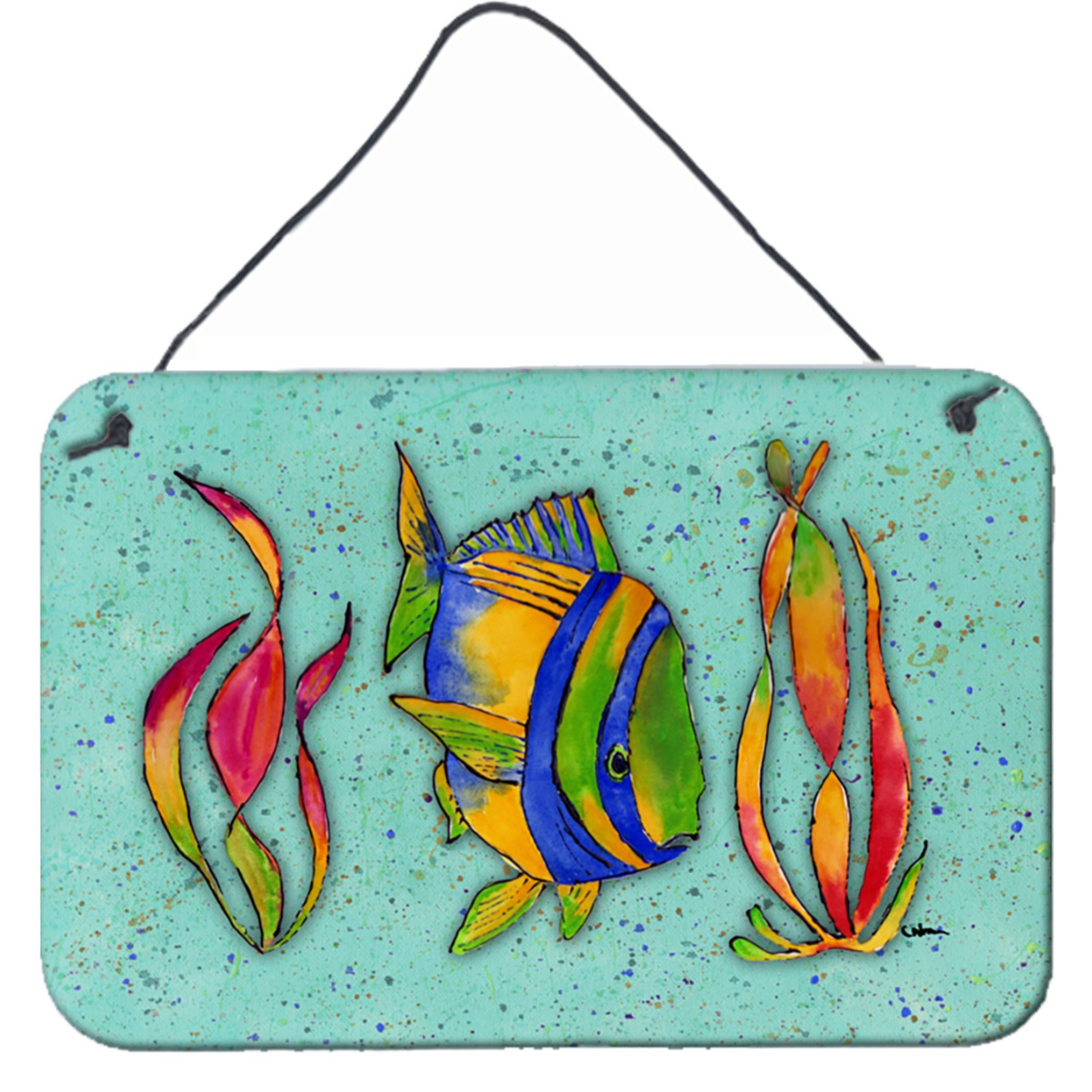 &quotCaroline's Treasures 8569DS812 Tropical Fish on Teal Aluminum Metal Wall or Door Hanging Prints, 8 x 12"""