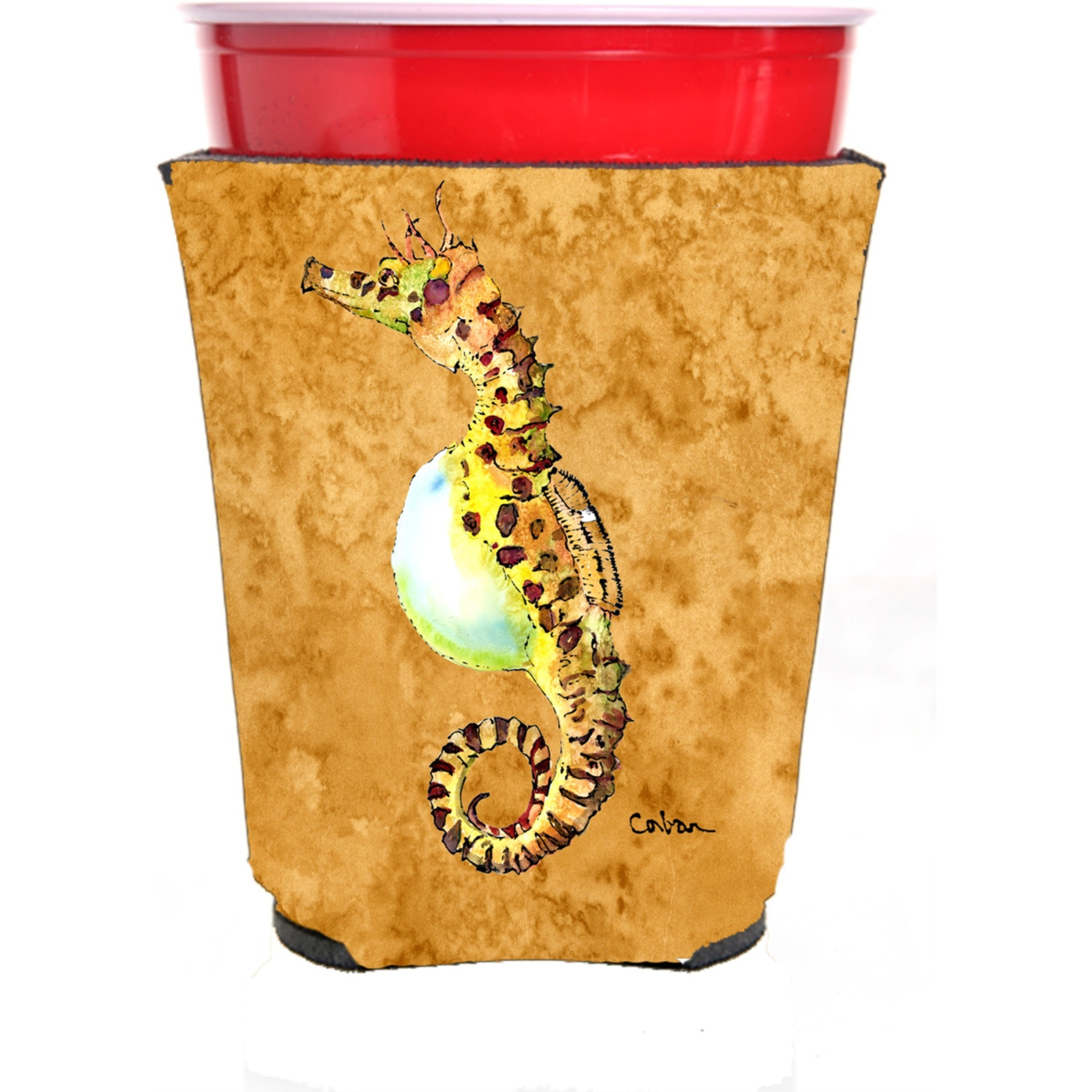 Seahorse Male on gold Red Solo Cup Beverage Insulator Hugger