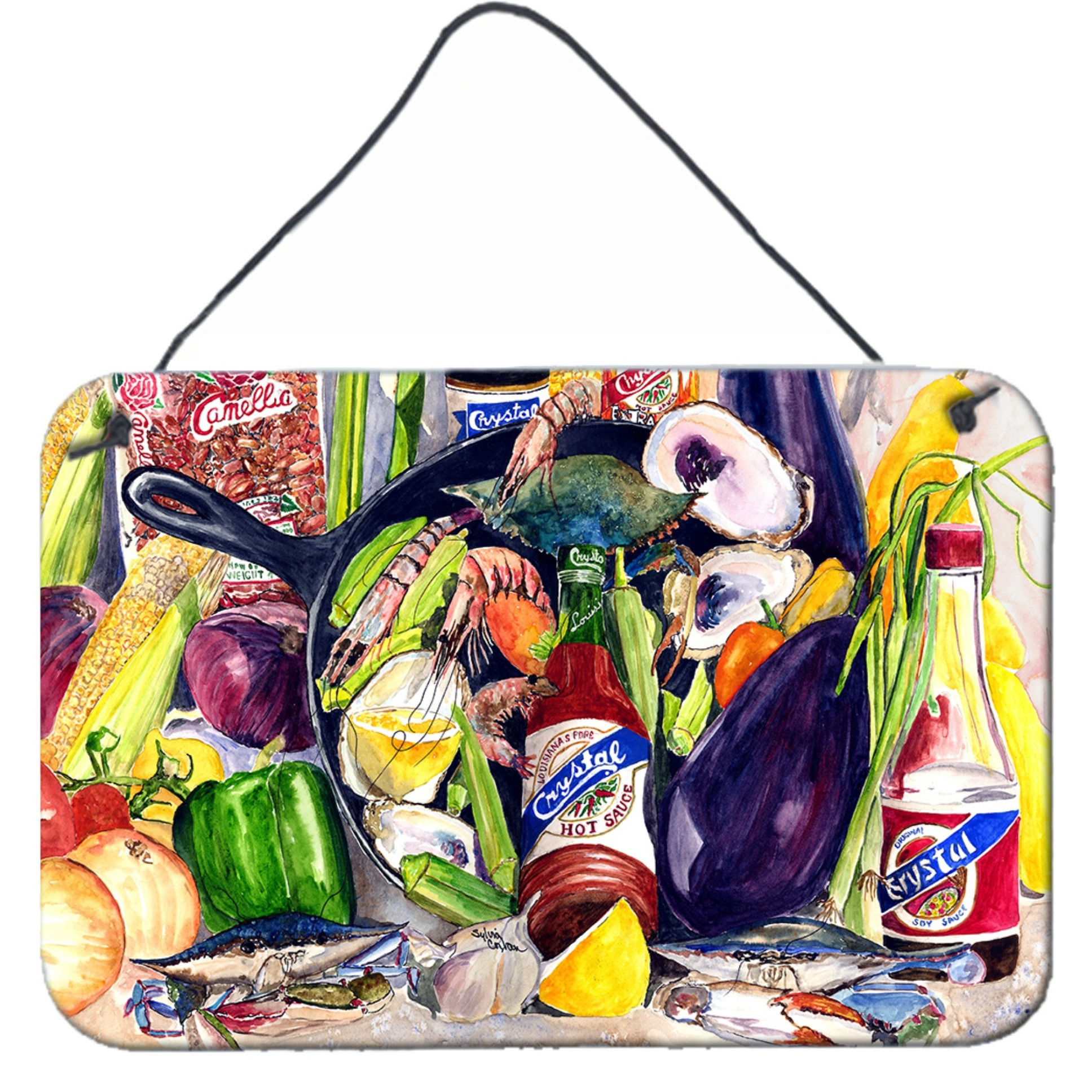 &quotCaroline's Treasures 8641DS812 Crystal Hot Sauce with Camellia Beans and Black Skillet Wall or Door Hanging Prints, 8 x 12"", Multicolor"