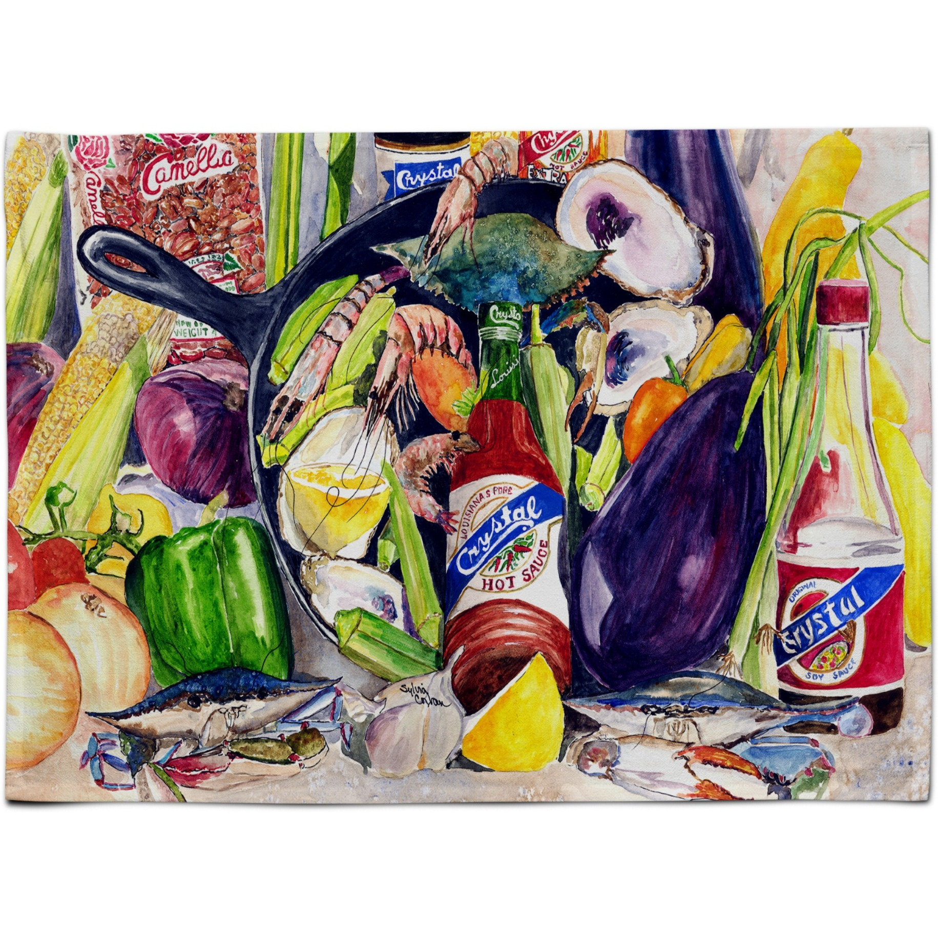 &quotCaroline's Treasures 8641PLMT Crystal Hot Sauce With Camellia Beans And Black Skillet Fabric Placemat, Multicolor"