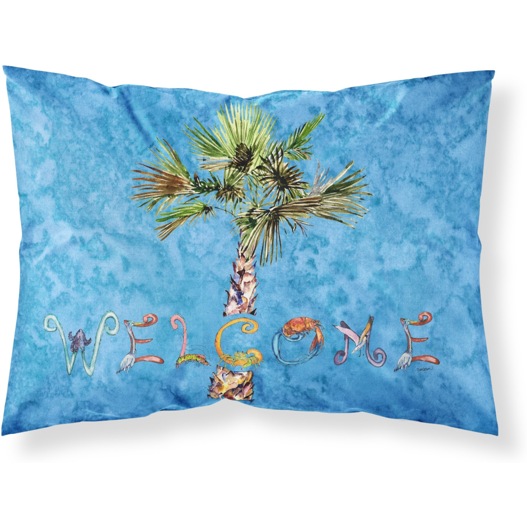 &quotCaroline's Treasures 8708PILLOWCASE Welcome Palm Tree On Blue Fabric Standard Pillowcase, Large, Multicolor"