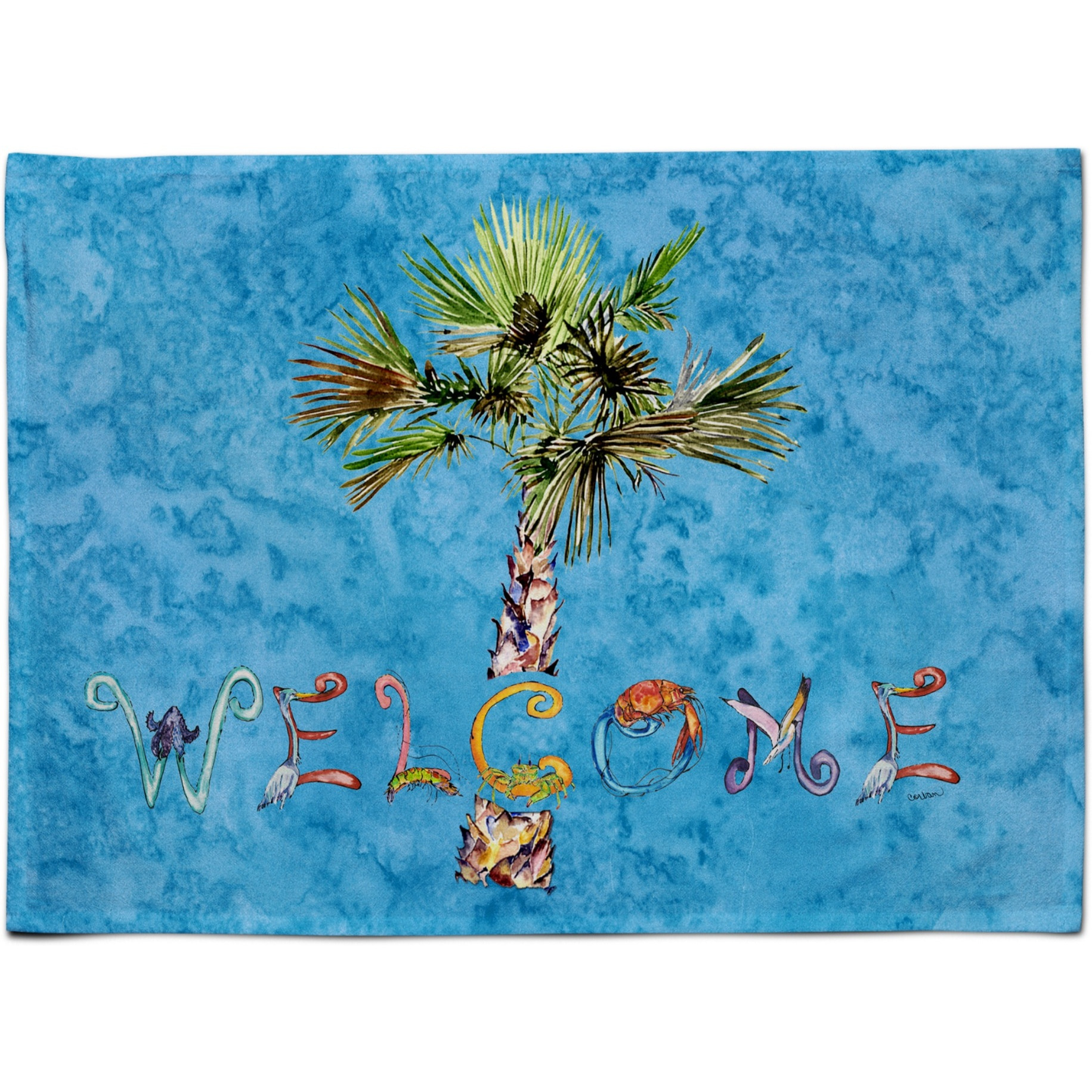 &quotCaroline's Treasures 8708PLMT Welcome Palm Tree On Blue Fabric Placemat, Multicolor"