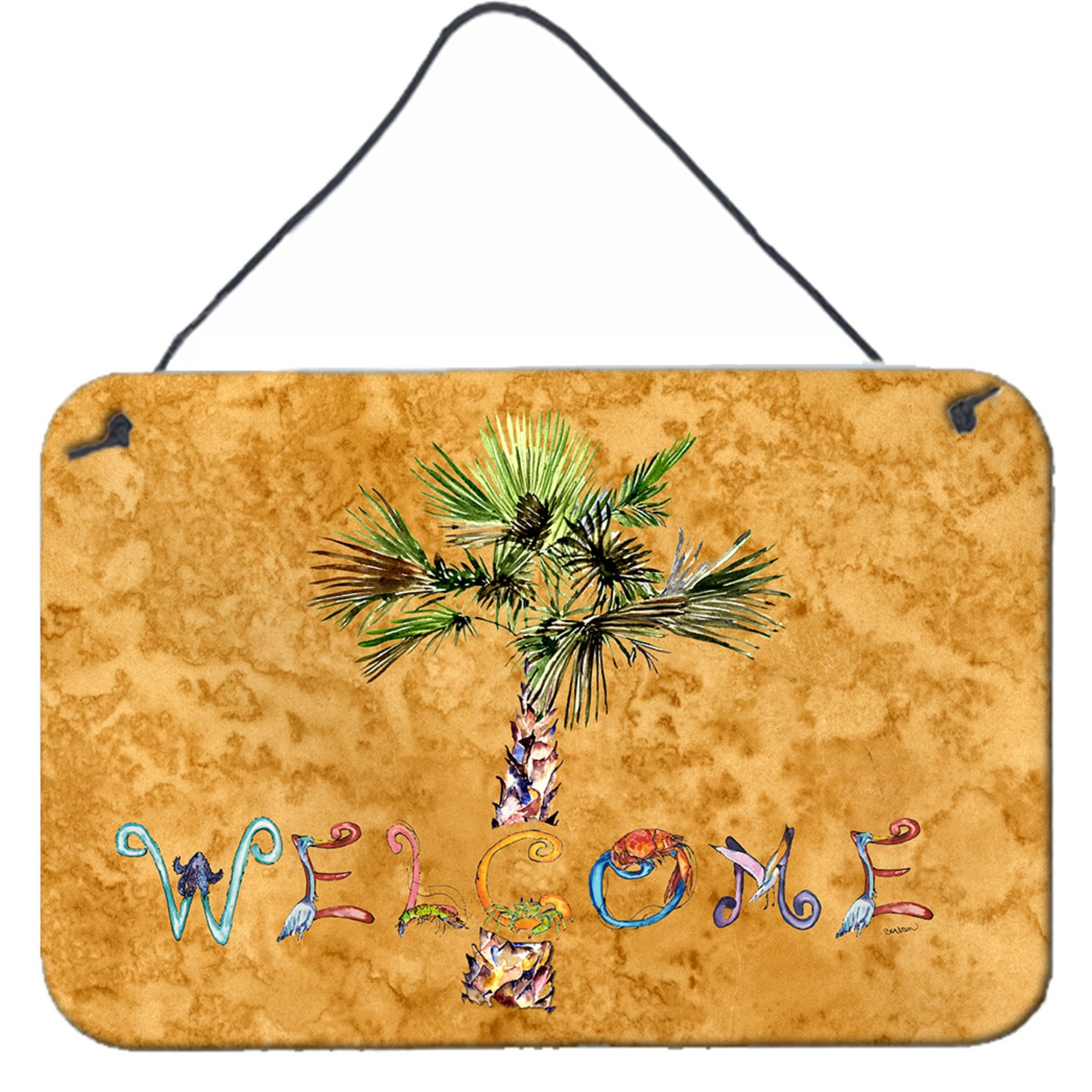 &quotCaroline's Treasures 8709DS812 Welcome Palm Tree on Gold Wall or Door Hanging Prints, 8 x 12"", Multicolor"
