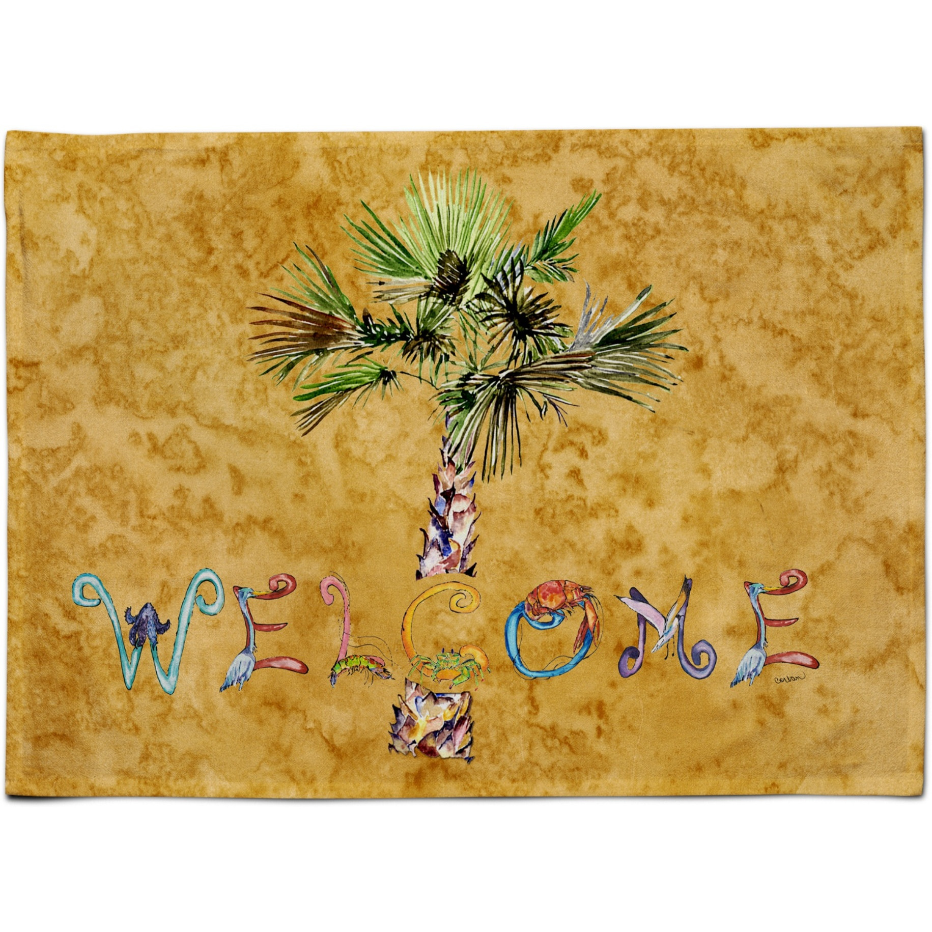 &quotCaroline's Treasures 8709PLMT Welcome Palm Tree On Gold Fabric Placemat, Multicolor"