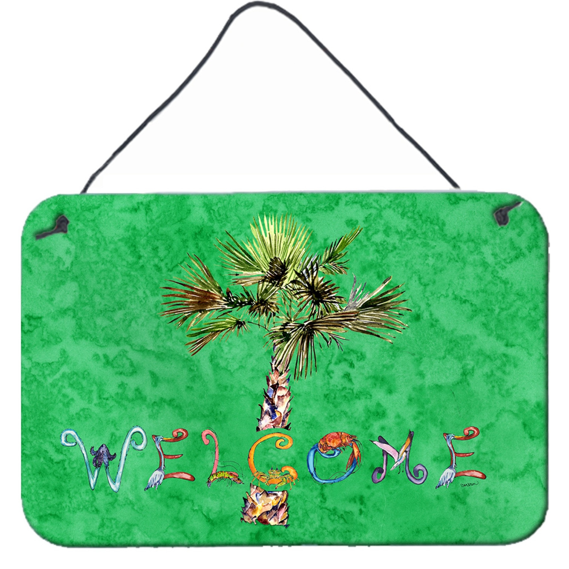 &quotCaroline's Treasures 8710DS812 Welcome Palm Tree on Green Wall or Door Hanging Prints, 8 x 12"", Multicolor"