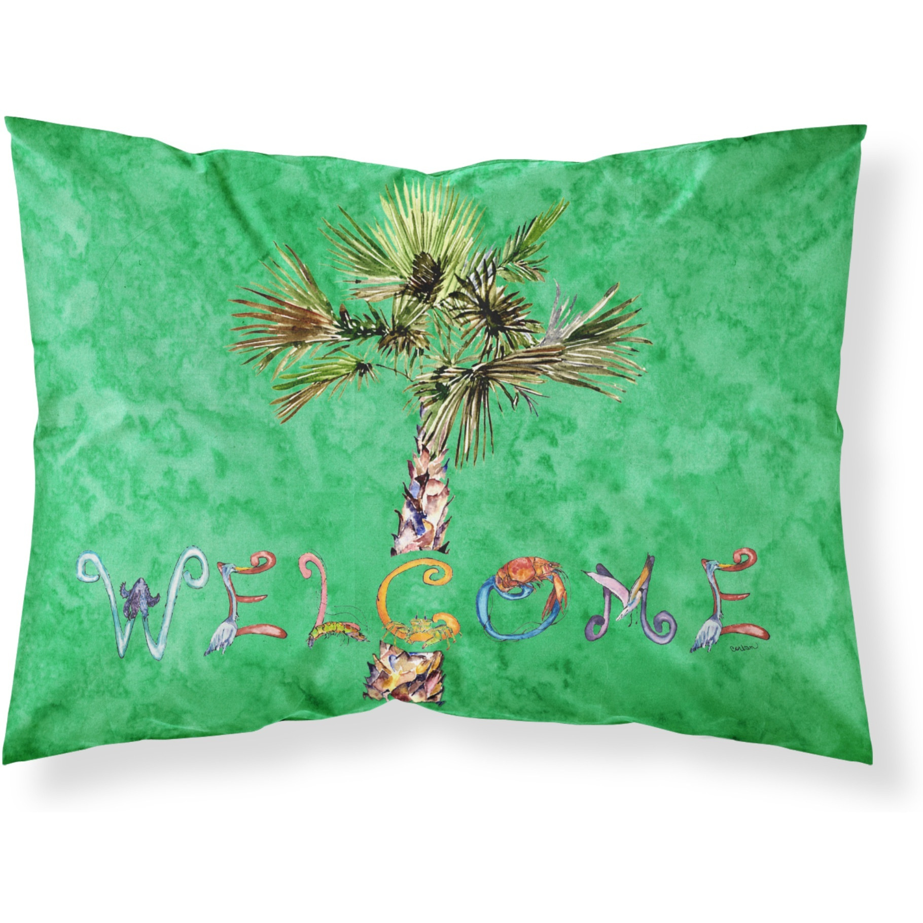 &quotCaroline's Treasures 8710PILLOWCASE Welcome Palm Tree On Green Fabric Standard Pillowcase, Large, Multicolor"