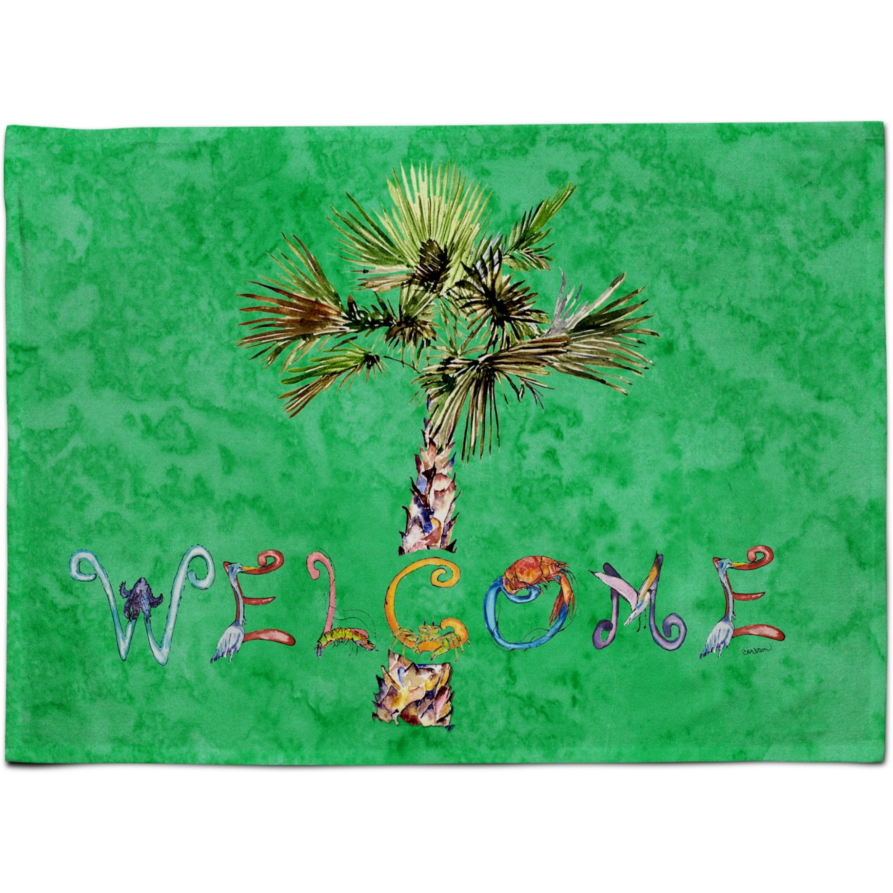 &quotCaroline's Treasures 8710PLMT Welcome Palm Tree On Green Fabric Placemat, Multicolor"