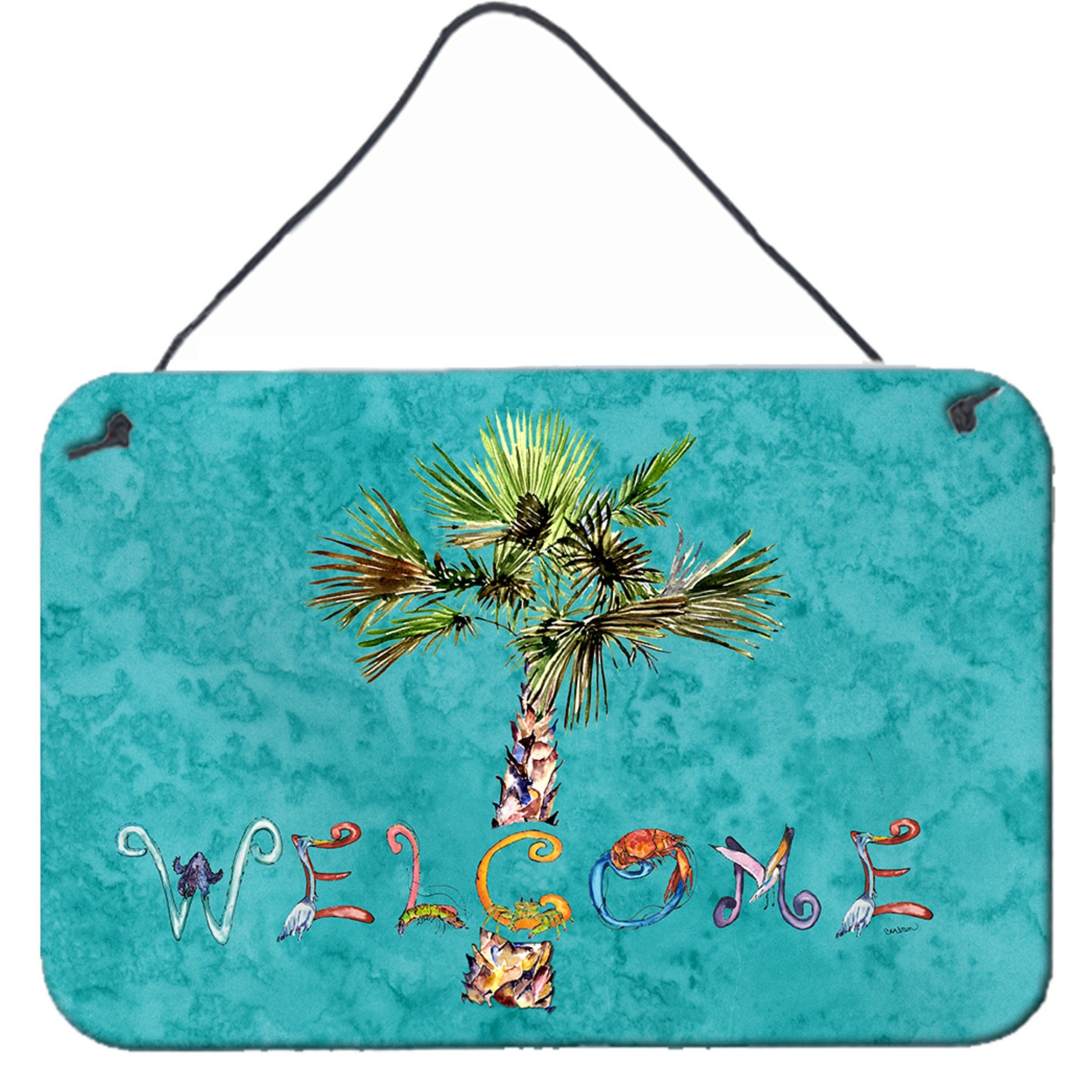 &quotCaroline's Treasures 8711DS812 Welcome Palm Tree on Teal Wall or Door Hanging Prints, 8 x 12"", Multicolor"