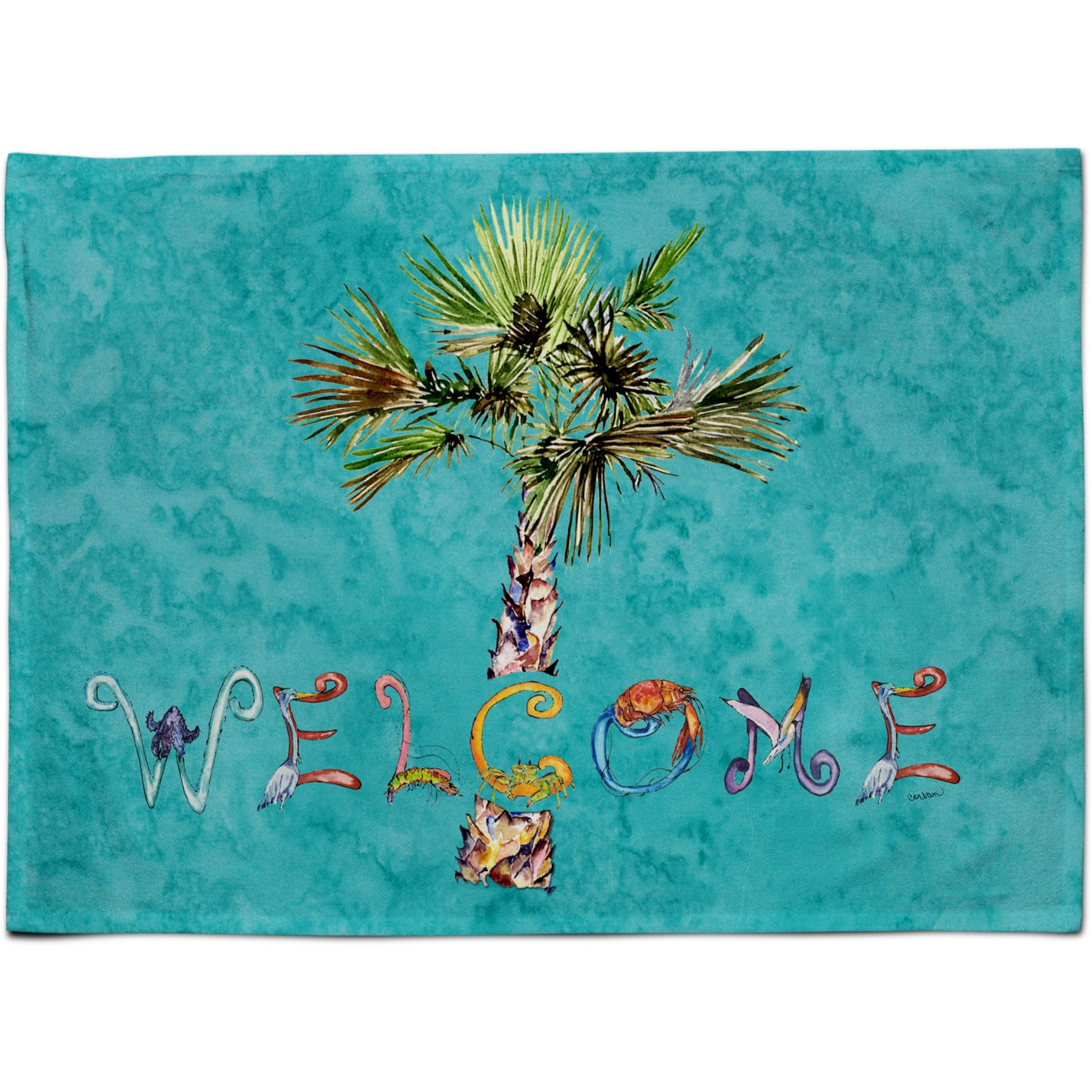 &quotCaroline's Treasures 8711PLMT Welcome Palm Tree On Teal Fabric Placemat, Multicolor"