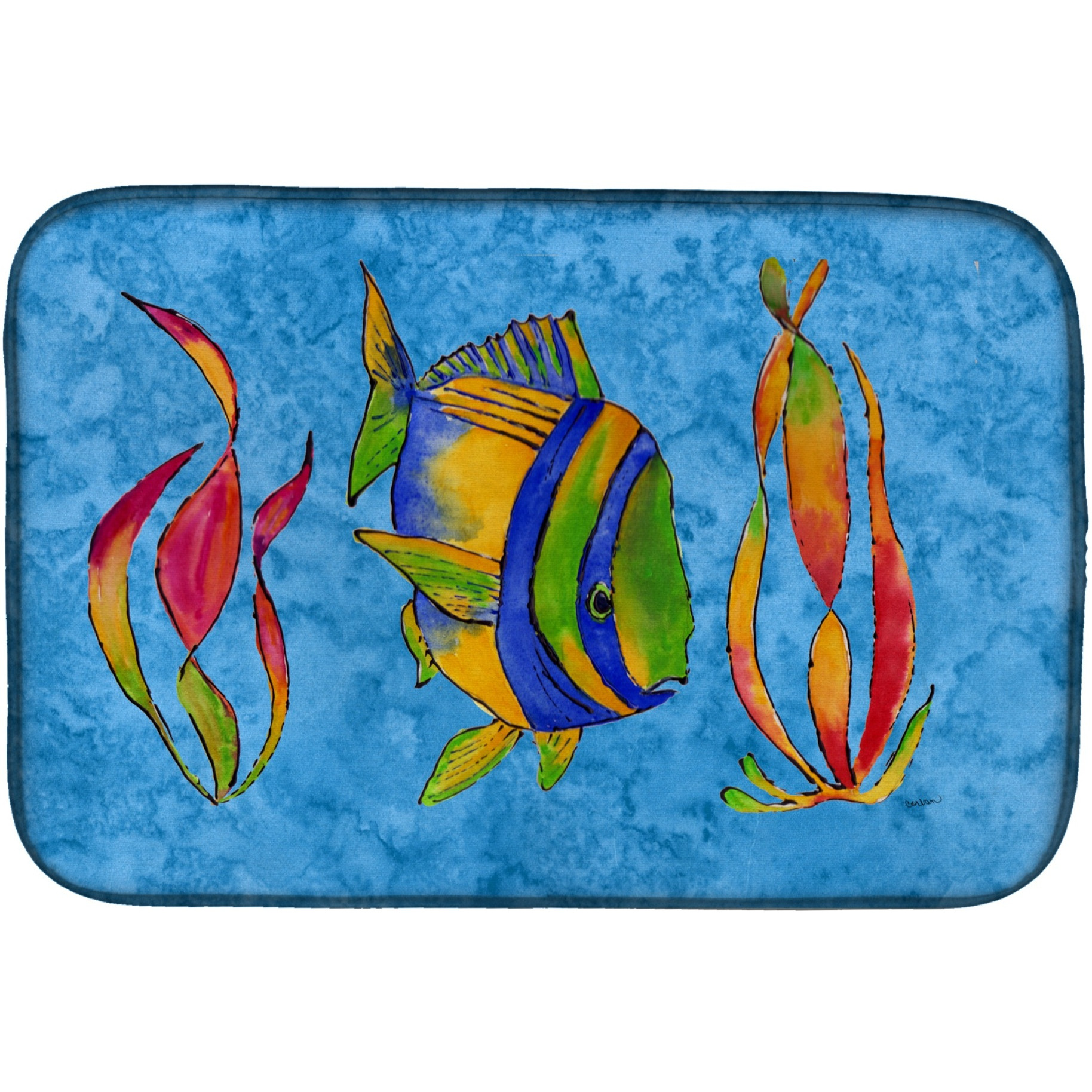 &quotCaroline's Treasures Tropical Fish And Seaweed On Blue Dish Drying Mat, 14"" x 21"", Multicolor"